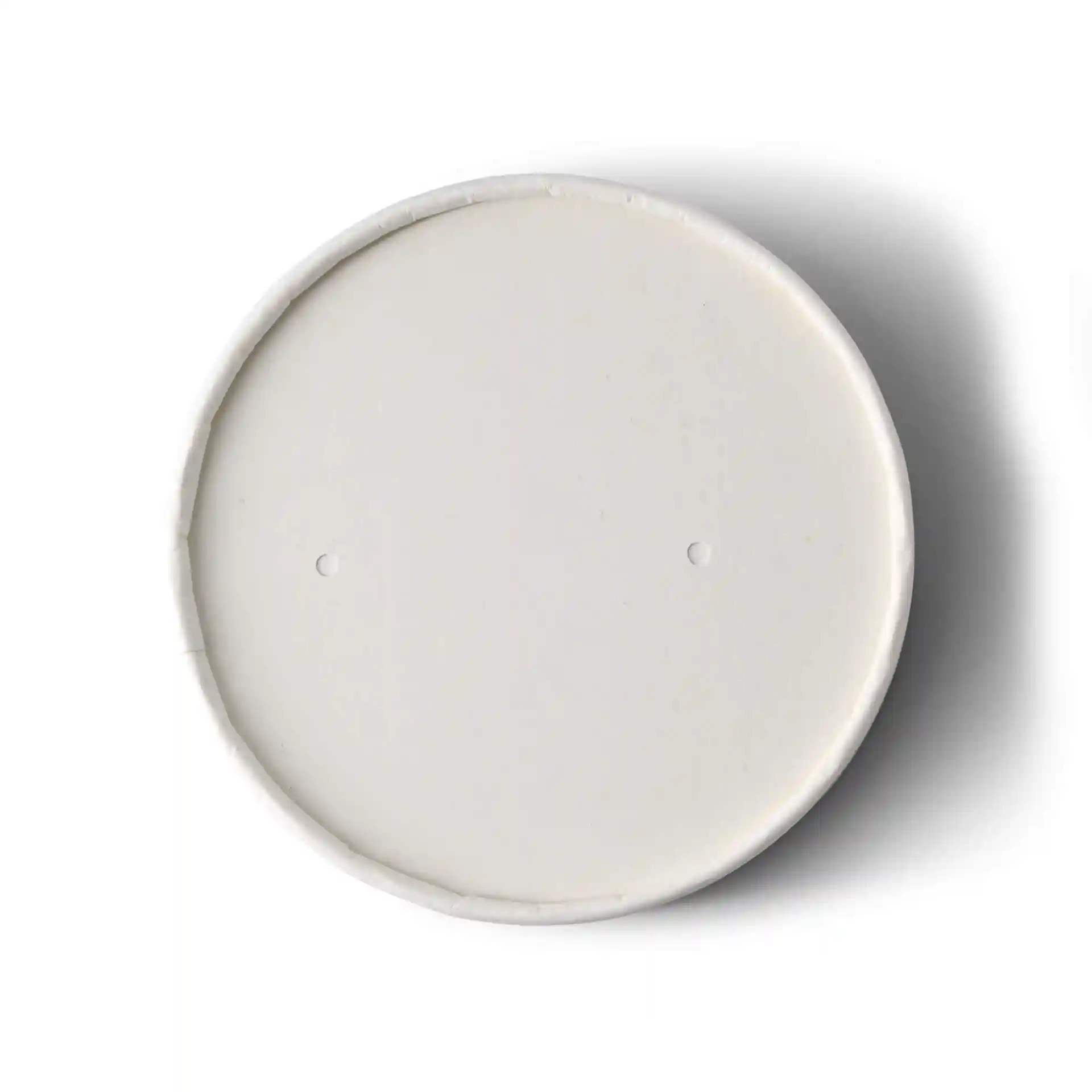 Couvercle rond en carton blanc d'un diamètre de 98 mm, avec deux petits trous à la surface.
