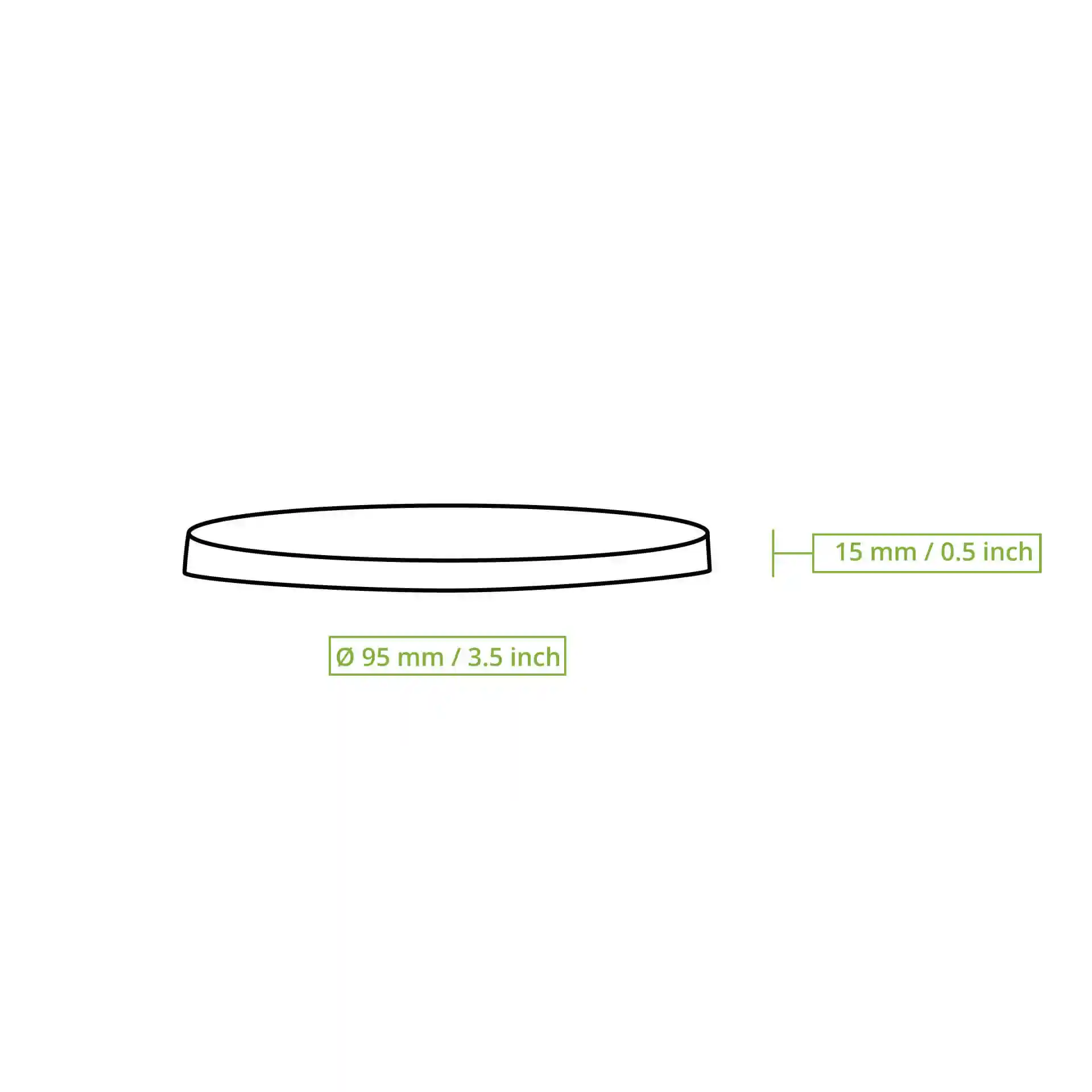 Dessin schématique d'un couvercle rond réutilisable d'un diamètre de 95 mm et d'une hauteur de 15 mm.