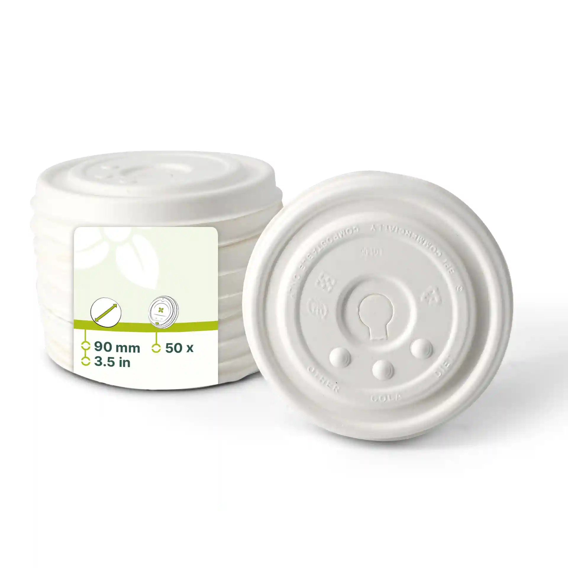 Couvercles plats en carton blanc de 90 mm de diamètre, empilés avec une étiquette indiquant les détails du produit.