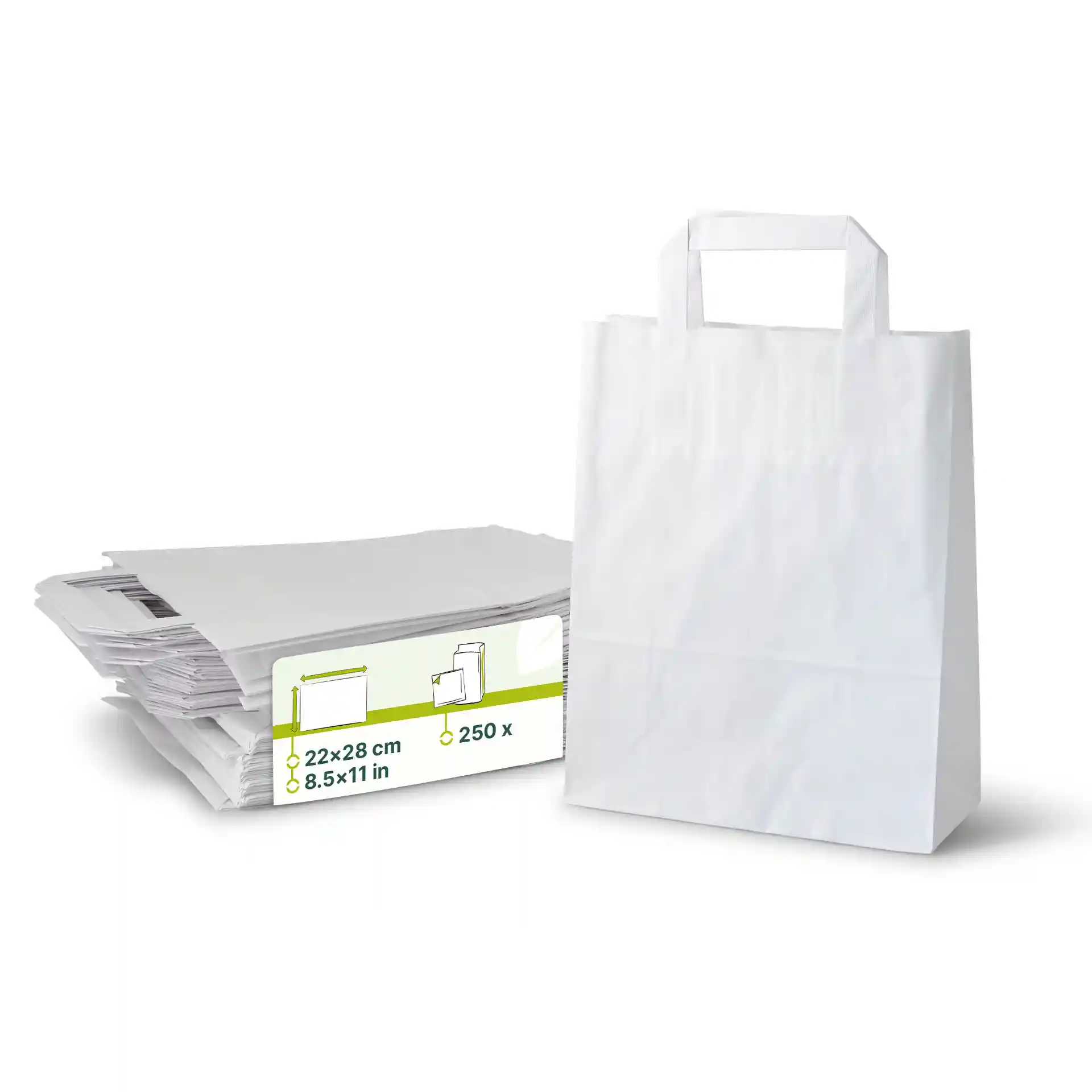 Sac en papier kraft blanc avec une poignée plate, à côté d'une pile de sacs similaires.