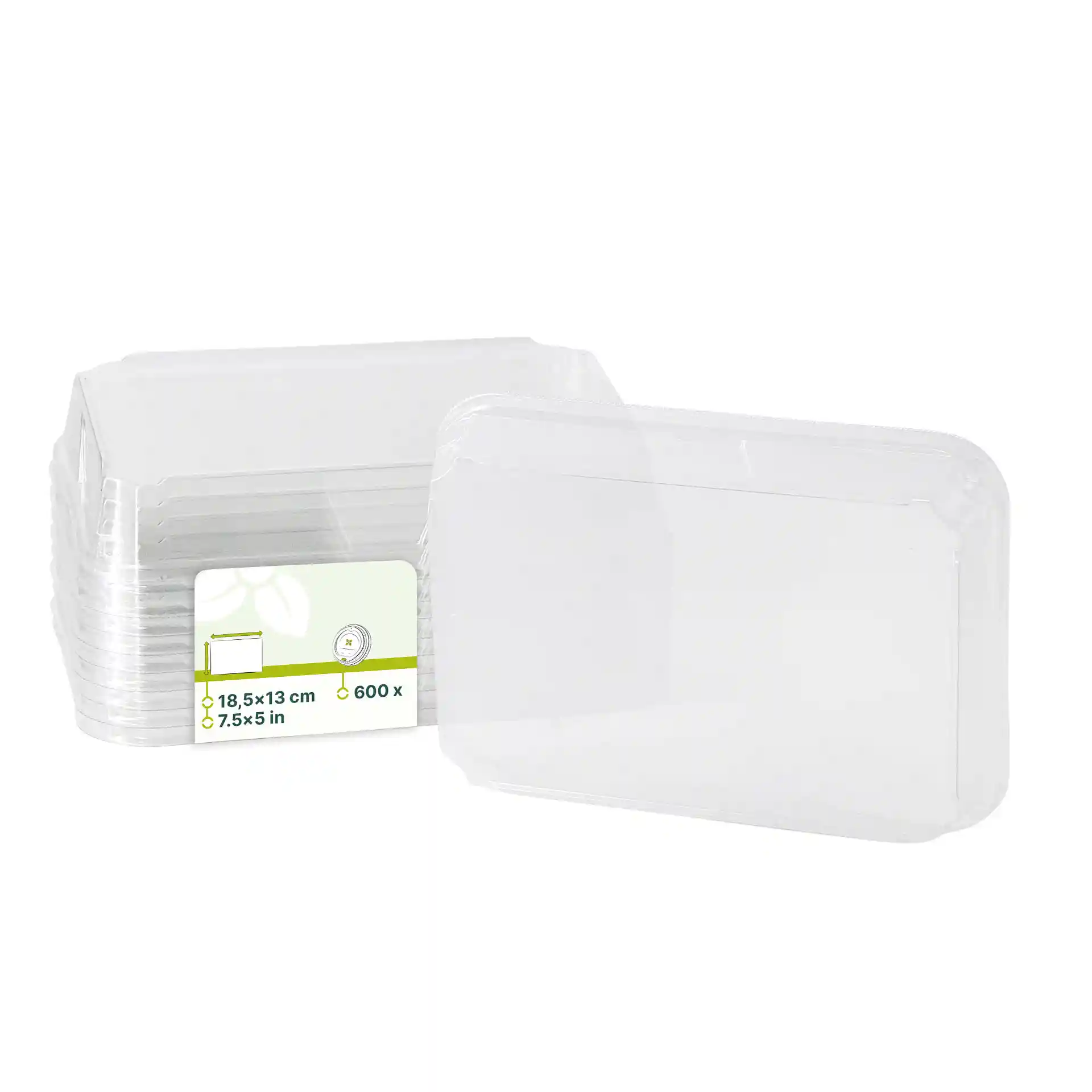 Couvercles en PET transparents pour boîtes à sushi, mesurant 18,5 x 13 cm, empilés avec une étiquette indiquant les dimensions.