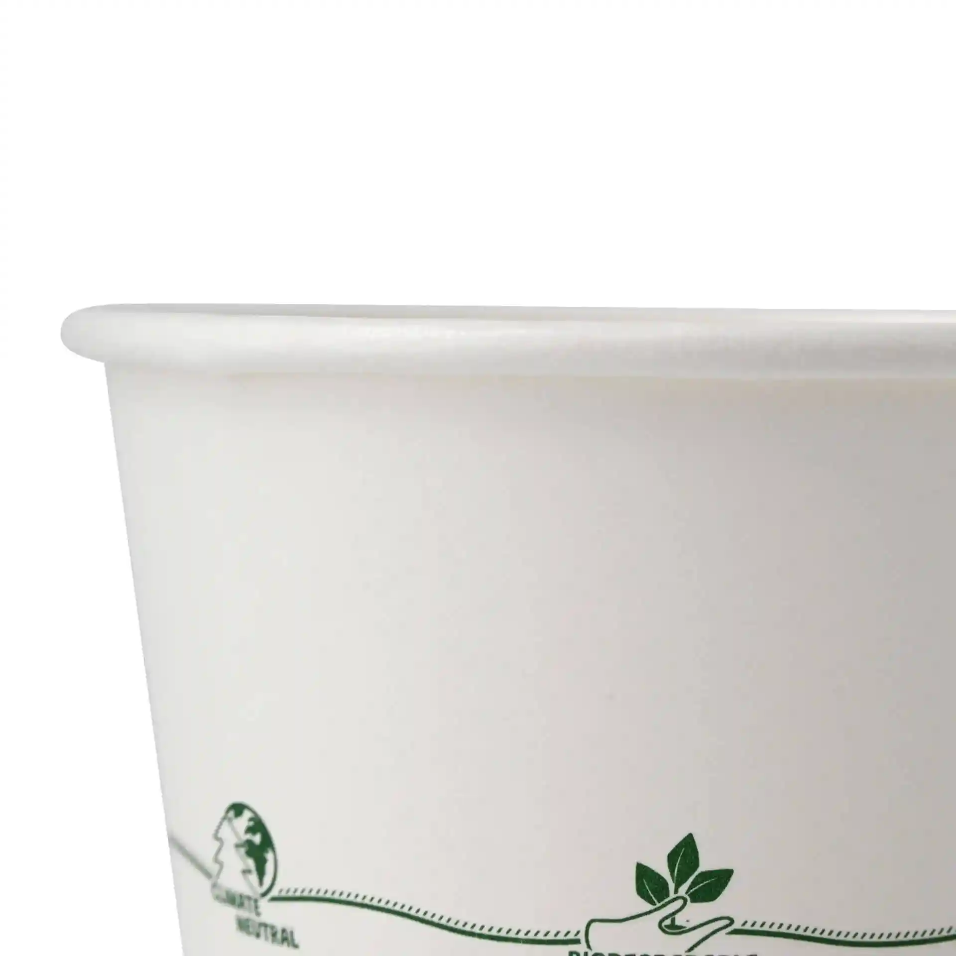 Contenant à soupe en carton blanc de forme ronde avec un design imprimé, montrant le bord supérieur et une partie du côté.