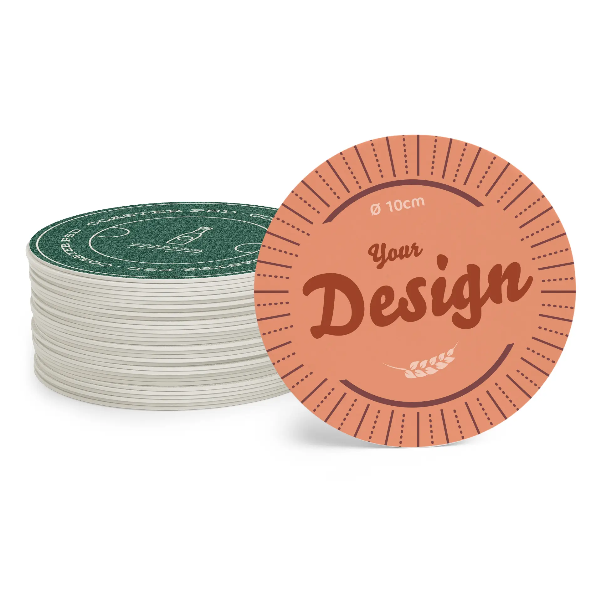 Pile de sous-verres en papier imprimés avec un design rond de 10 cm et impression personnalisable sur un fond pêche.