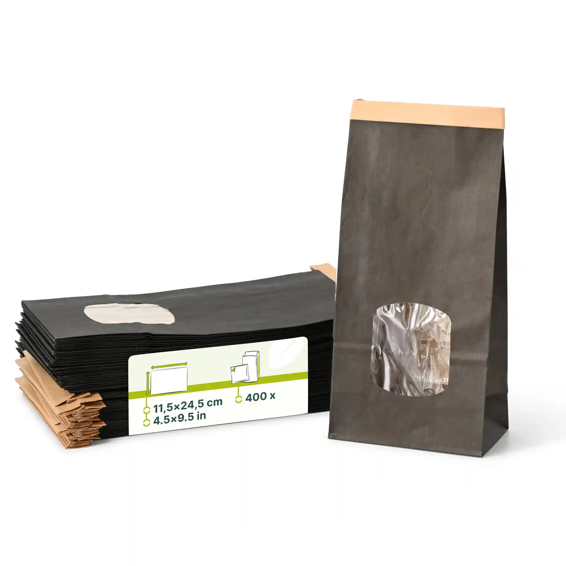 Sacs à fond plat noirs avec un dessus en papier kraft, présentant une fenêtre de visualisation, empilés avec une étiquette indiquant les dimensions.