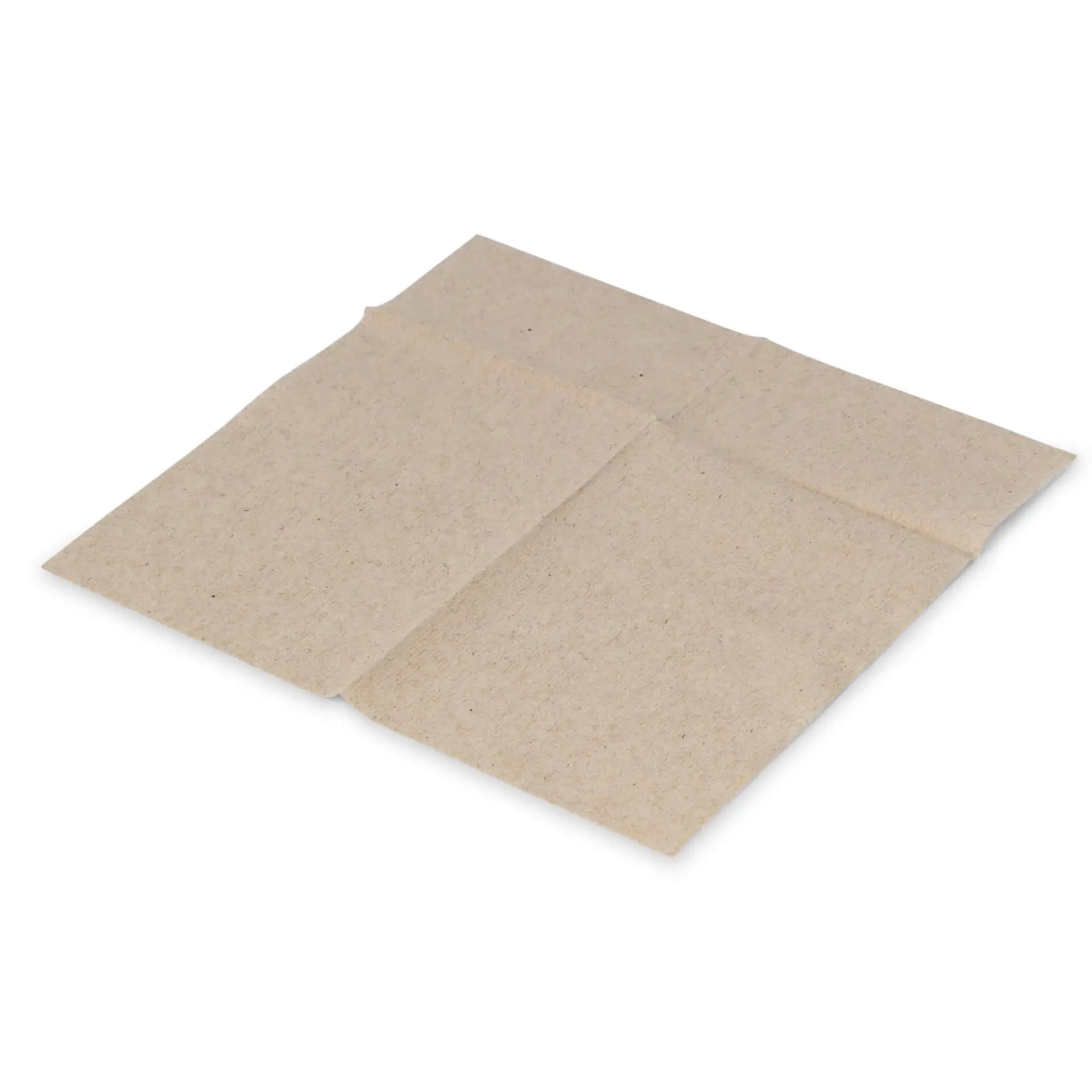 Serviette en papier rectangulaire non blanchie, 12 x 8,5 cm, pliée, avec un symbole de recyclage imprimé.