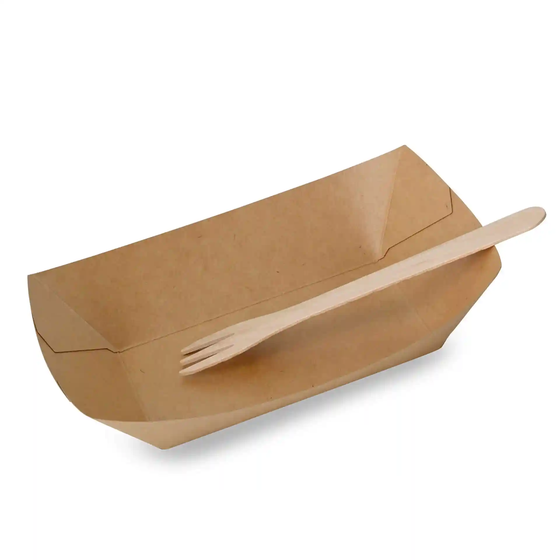 Bol en carton brun pour snacks avec une fourchette en bois, forme rectangulaire, dimensions 19,5 x 14 x 4,5 cm.