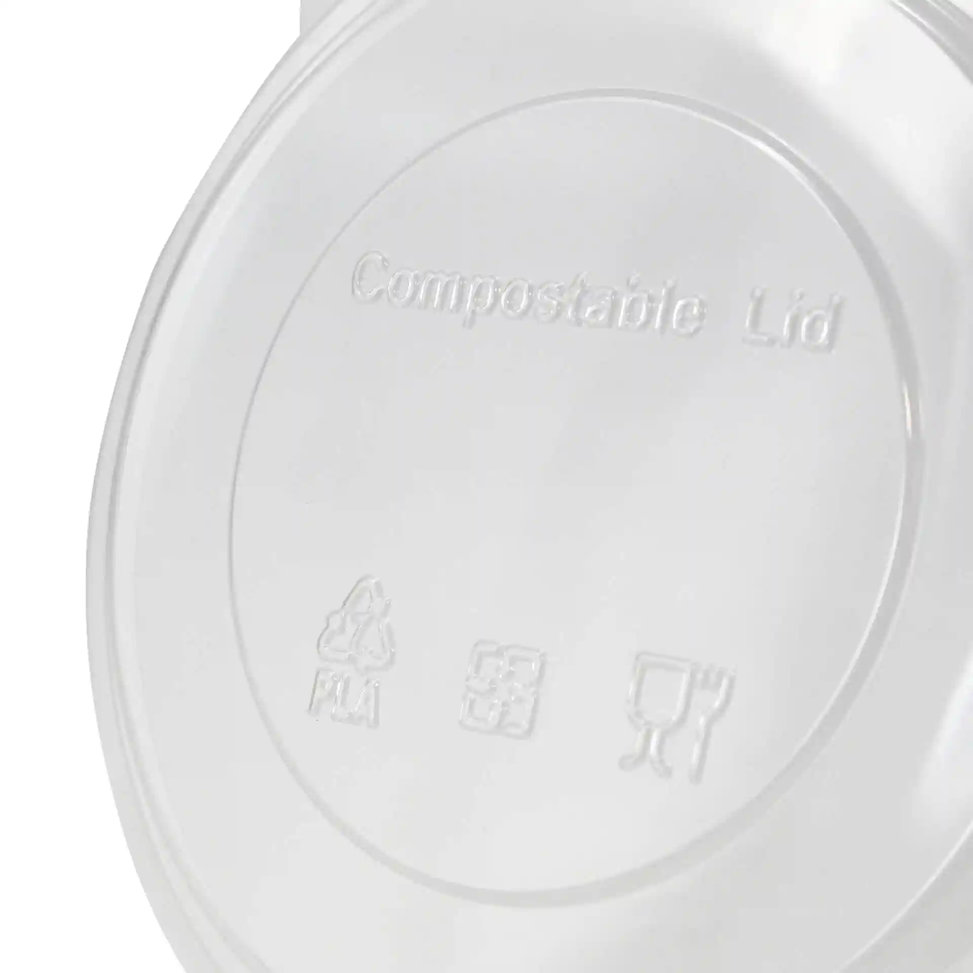 Couvercle en PLA transparent de 150 mm de diamètre, avec des symboles en relief et le texte "Couvercle compostable".