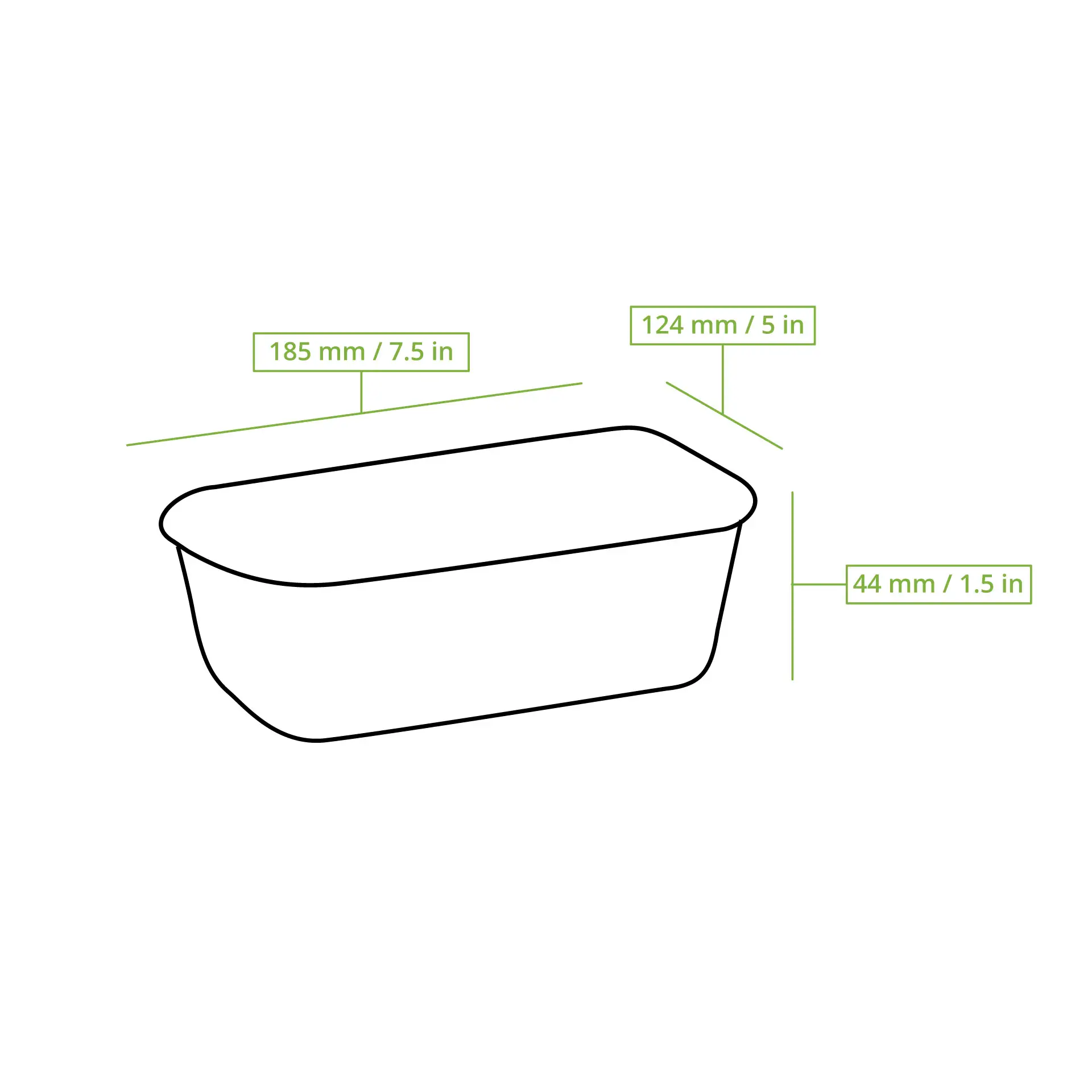 Conteneur rectangulaire noir réutilisable en PP, dimensions 185 mm x 124 mm x 44 mm ; adapté pour plats chauds et froids.