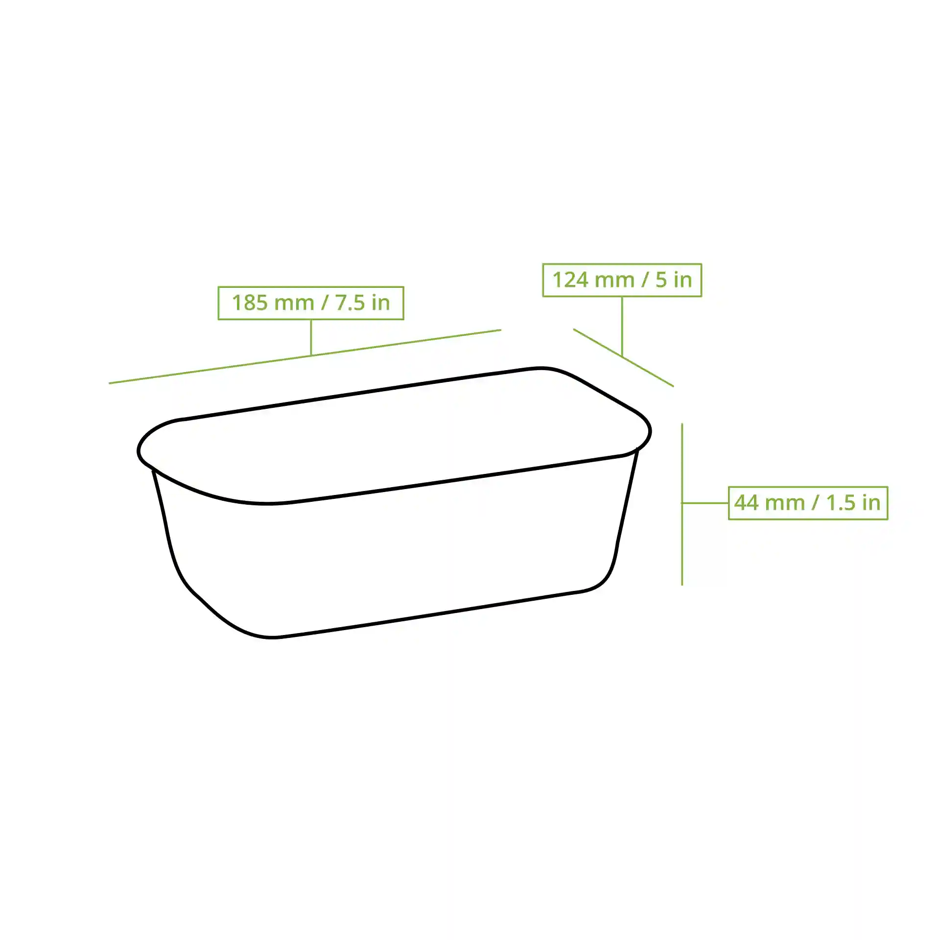 Dessin schématique d'un conteneur rectangulaire réutilisable avec les dimensions indiquées : 185 mm de longueur, 124 mm de largeur, 44 mm de hauteur.