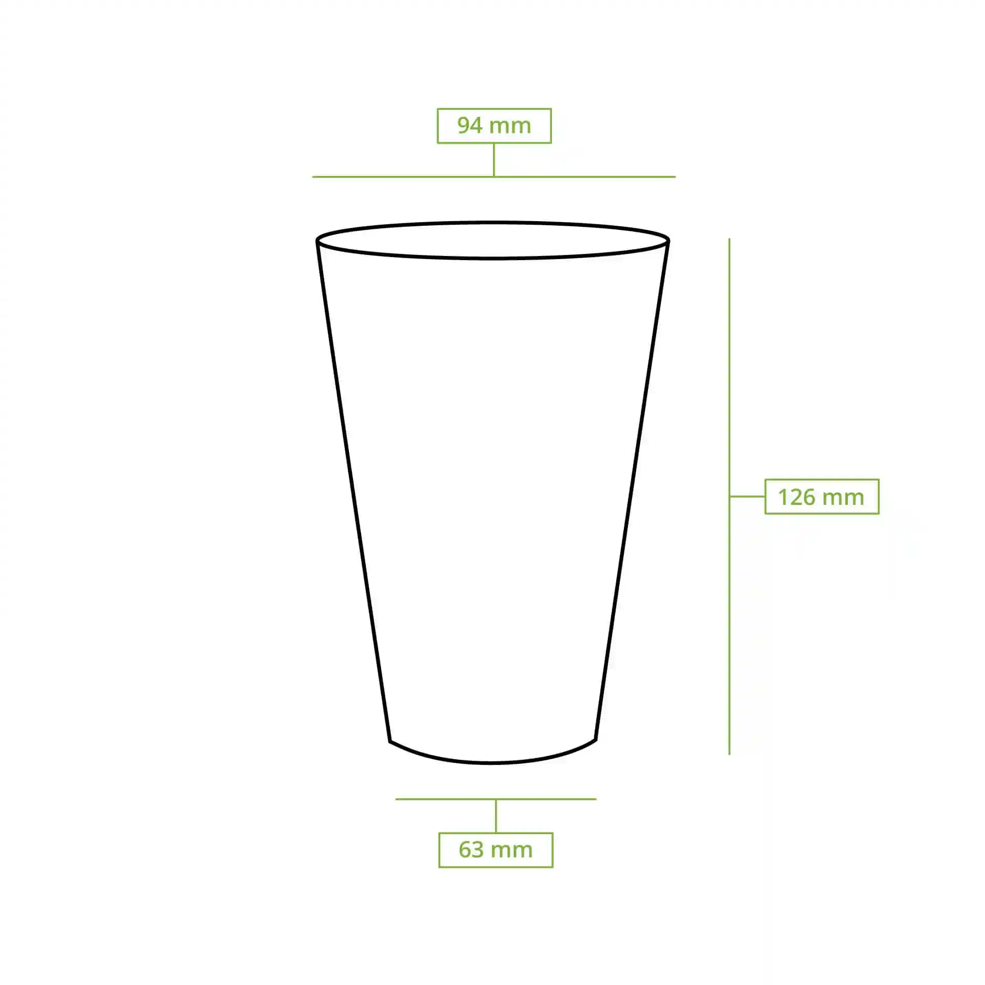 Dessin schématique d'un gobelet en plastique avec dimensions : hauteur 126 mm, diamètre supérieur 95 mm, diamètre inférieur 63 mm.