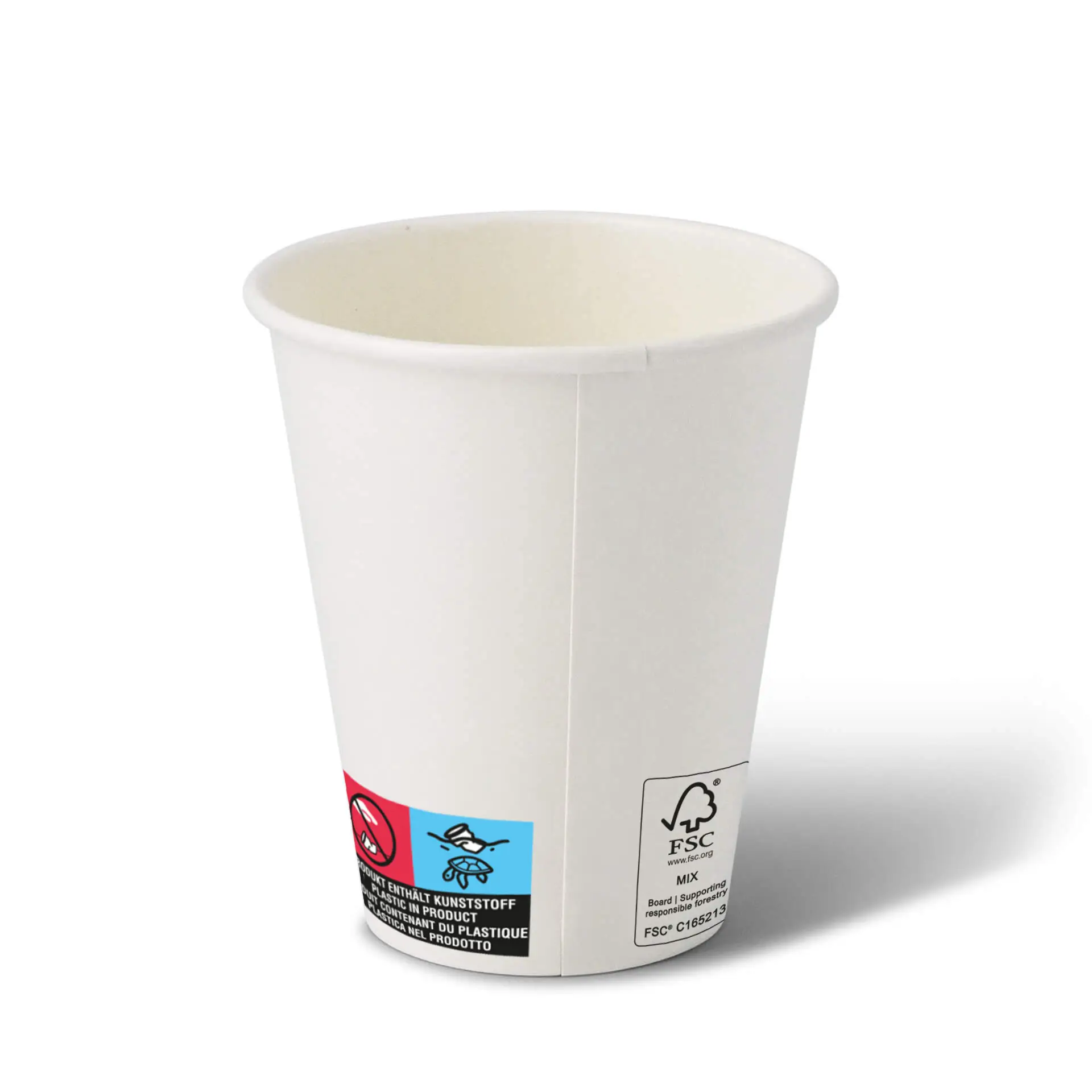 Gobelet en papier blanc de forme ronde, capacité de 10 oz, avec des étiquettes bleues et noires visibles sur le côté.