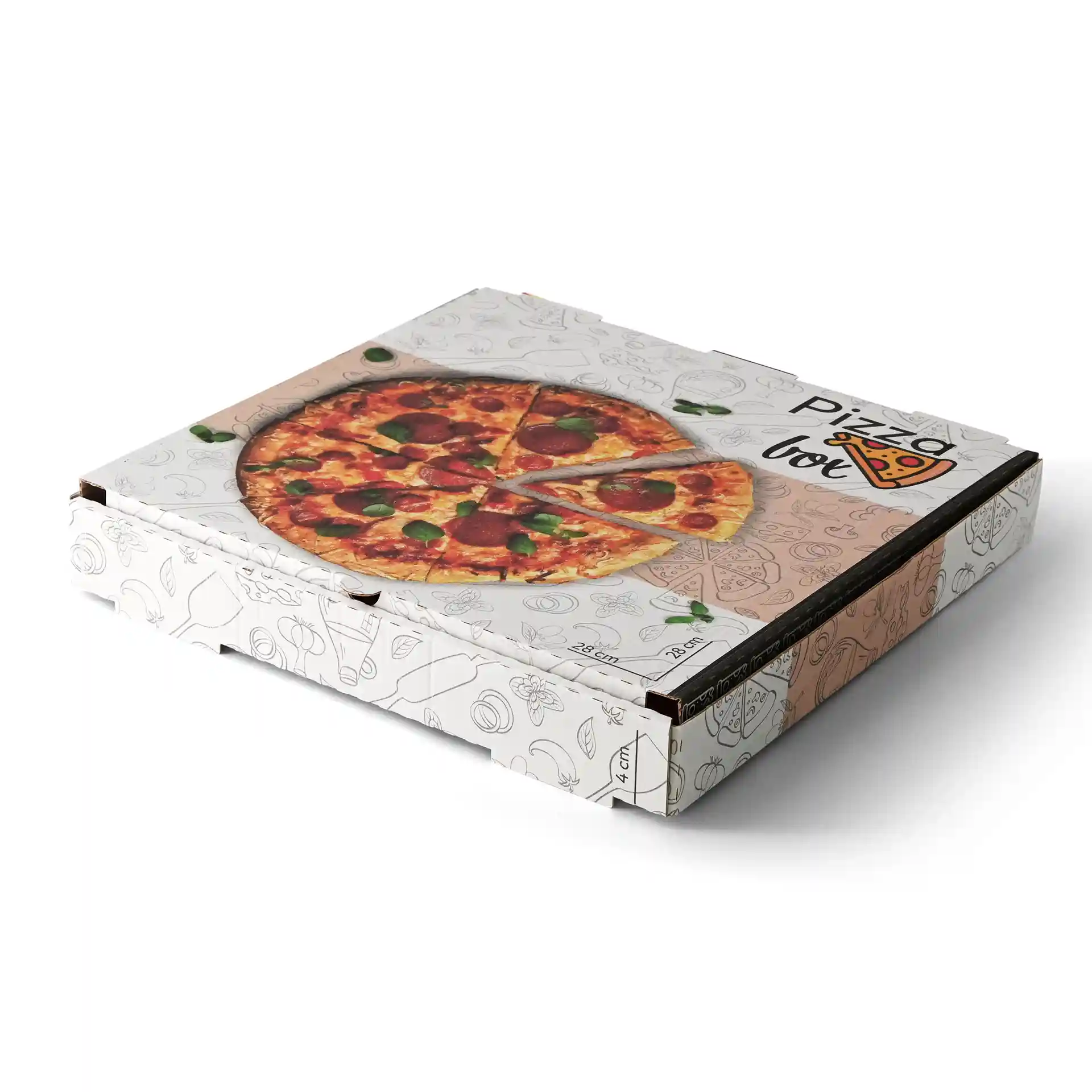 Boîte à pizza avec un design imprimé, mesurant 28 x 28 x 4 cm, avec une image de pizza sur le dessus.