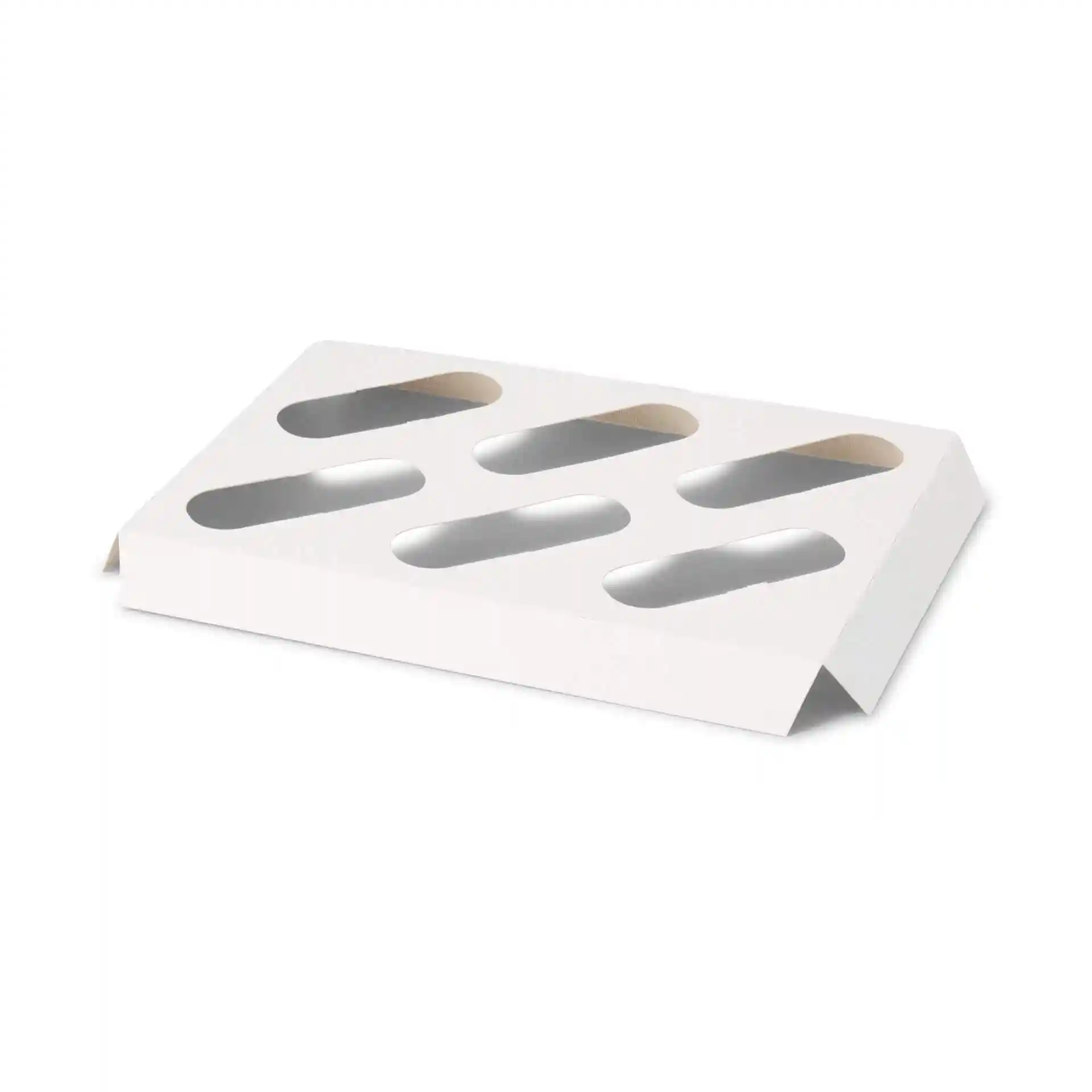 Insert en carton blanc pour boîtes à cupcakes avec six découpes ovales. Dimensions : 238 mm de longueur, 163 mm de largeur et 24 mm de hauteur.