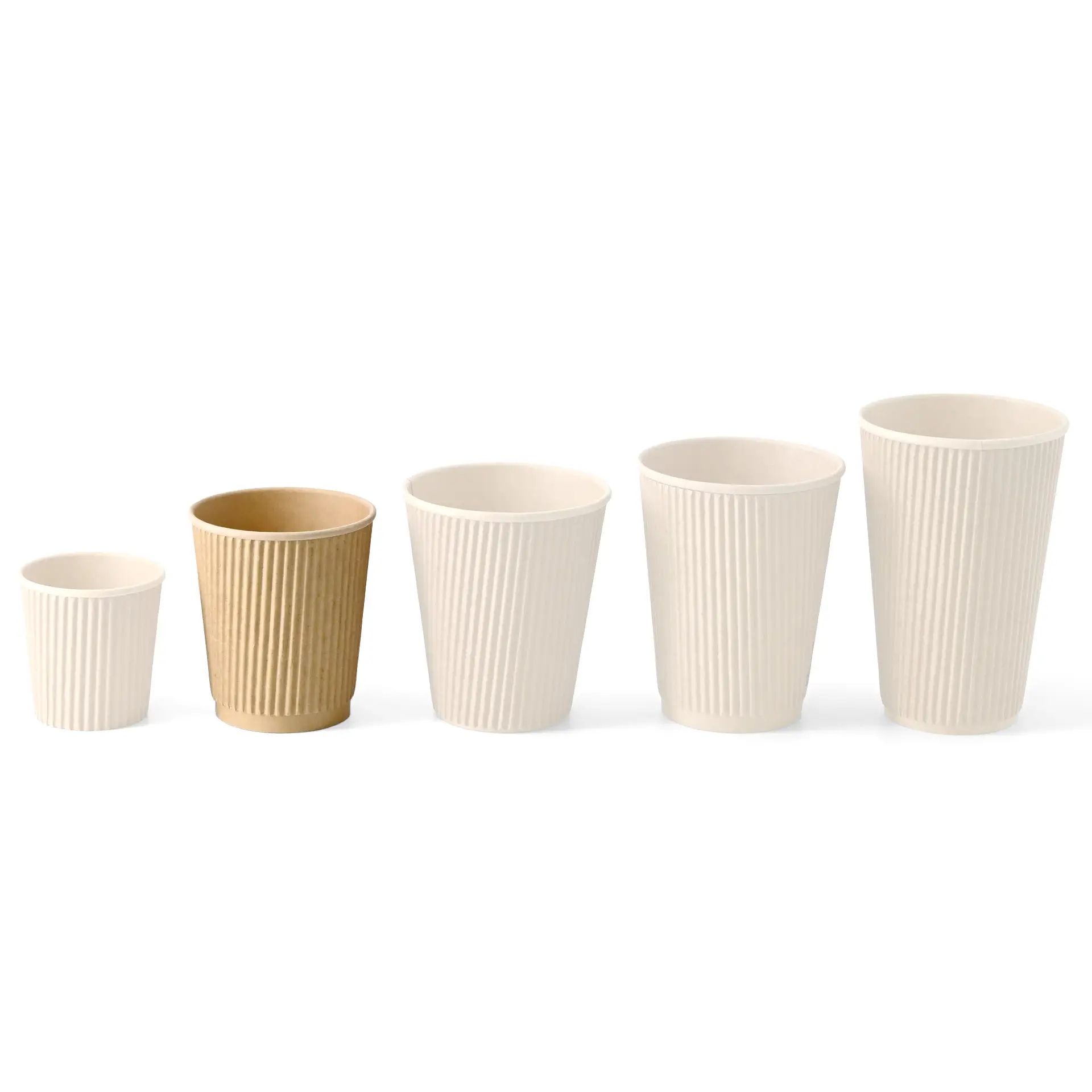 Cinq tasses à café isolées de différentes tailles, dont un modèle à rayures marron, adaptées aux boissons chaudes à emporter.