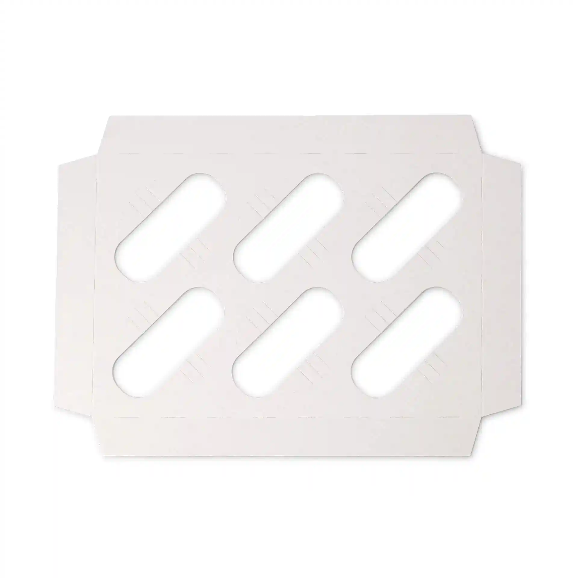 Insert en carton pour boîtes à cupcakes, blanc crème, avec découpes pour six cupcakes, design plat.