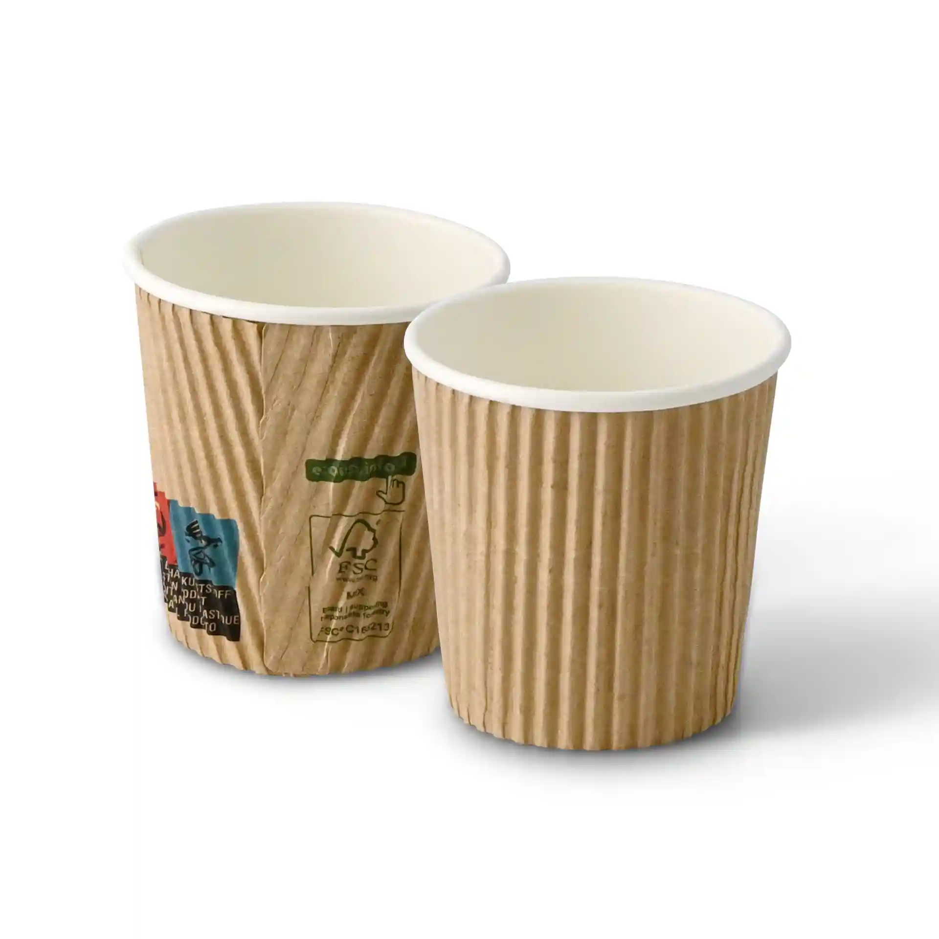 Deux gobelets ribbés de 4 oz avec un extérieur brun et un intérieur blanc, l'un légèrement derrière l'autre.