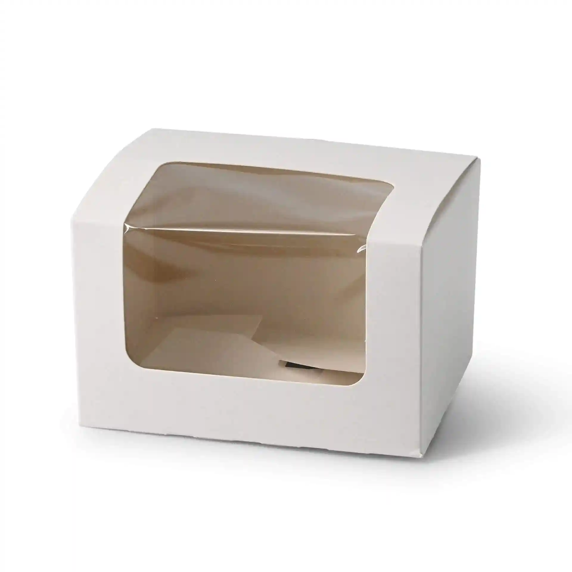 Boîte à pâtisserie blanche avec fenêtre en cellulose, mesurant 13 x 11 x 8 cm.
