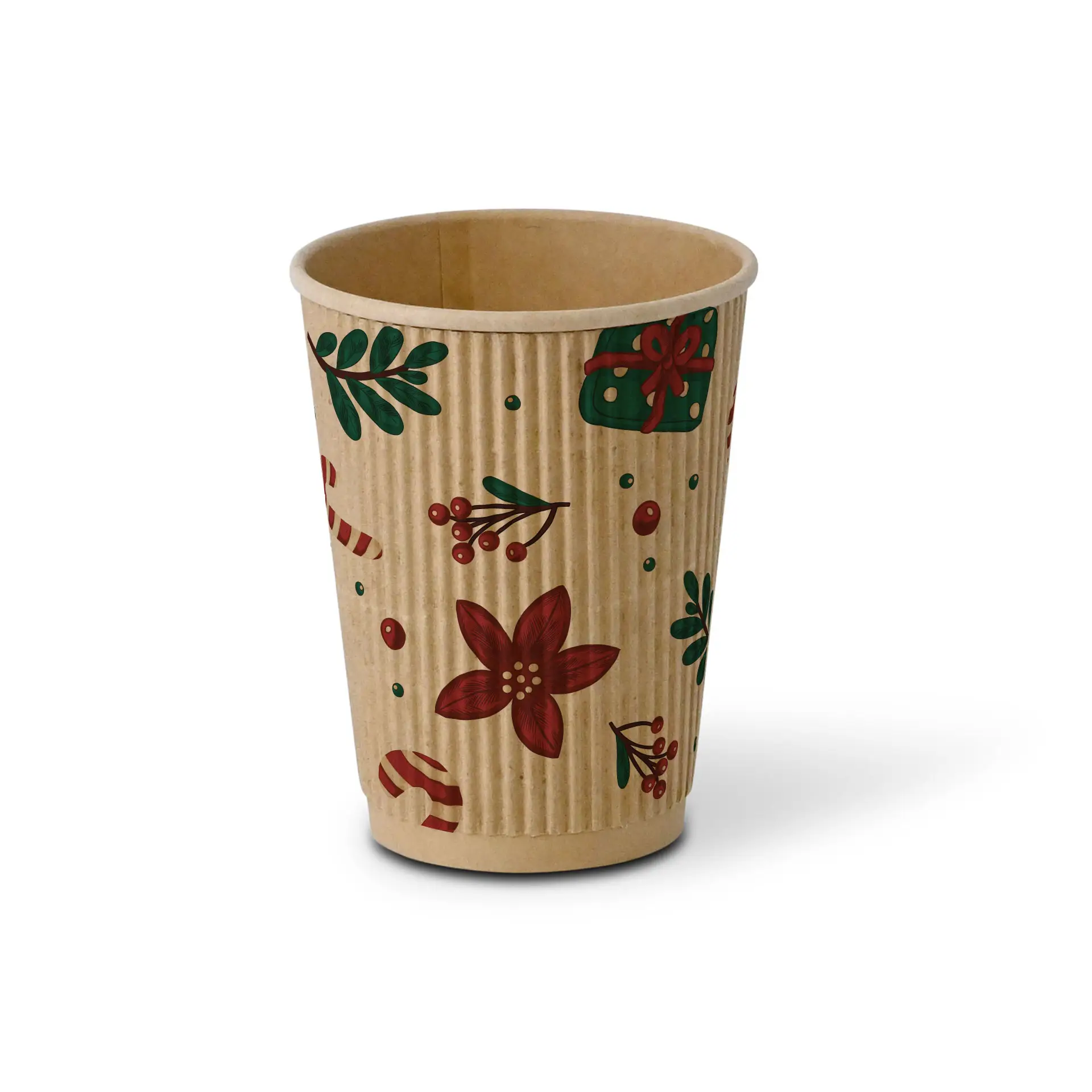Gobelet ondulé marron avec design d'hiver, fleurs rouges, feuilles vertes et cannes en sucre, capacité de 300 ml.