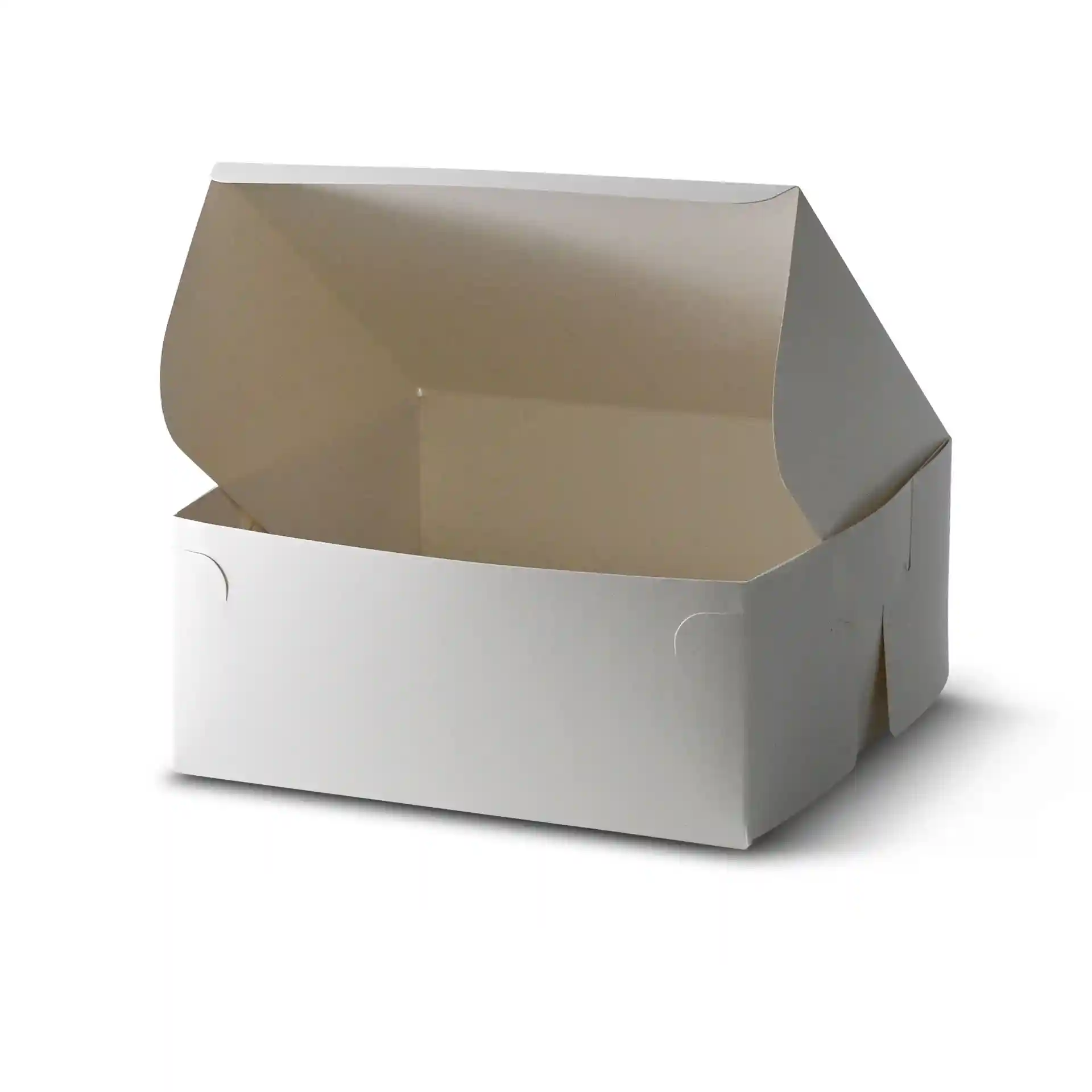 Boîte à gâteau blanche avec couvercle ouvert, mesurant 23 x 23 x 10 cm.