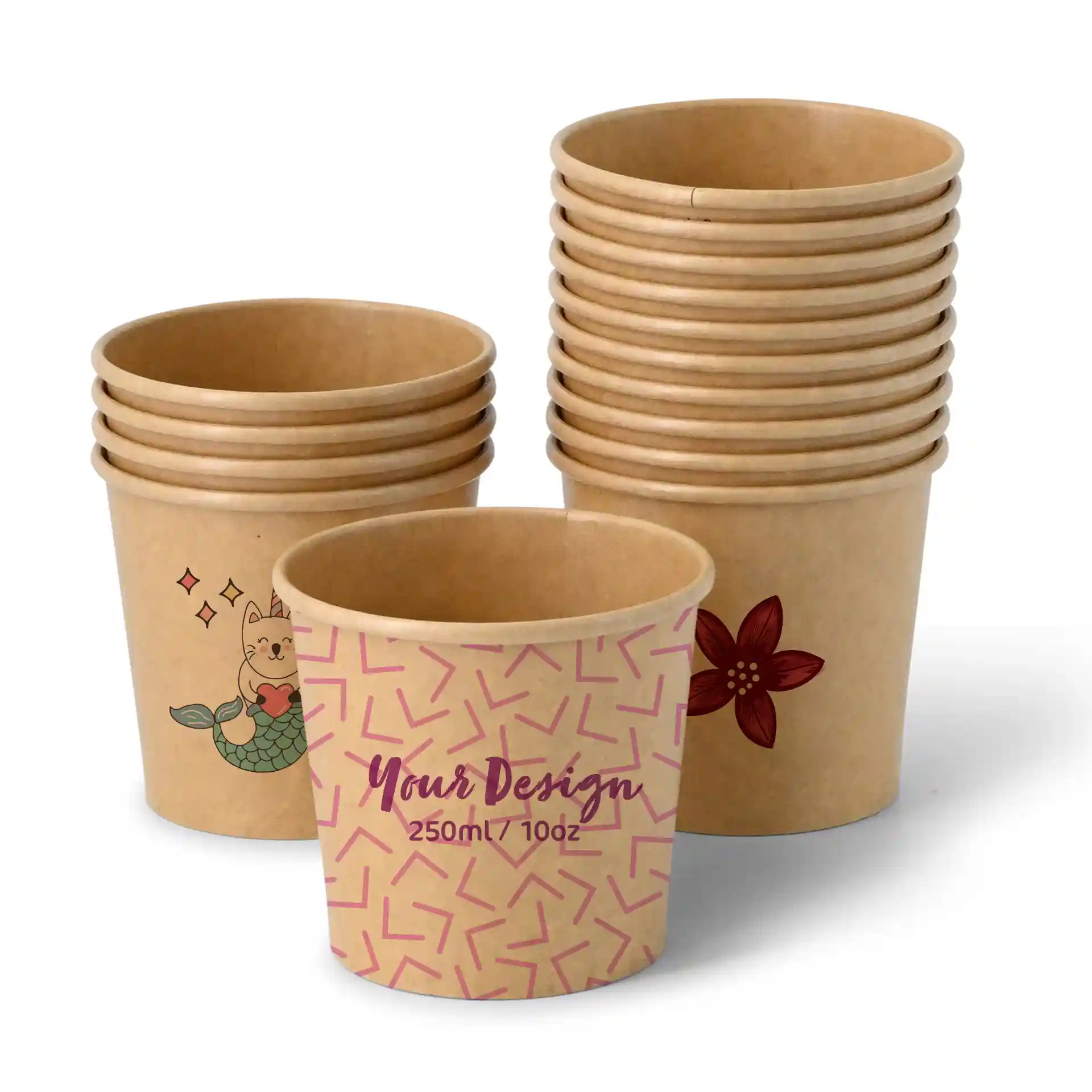 Coupes en carton marron pour glace avec divers designs, y compris une sirène et des fleurs, empilées ensemble.