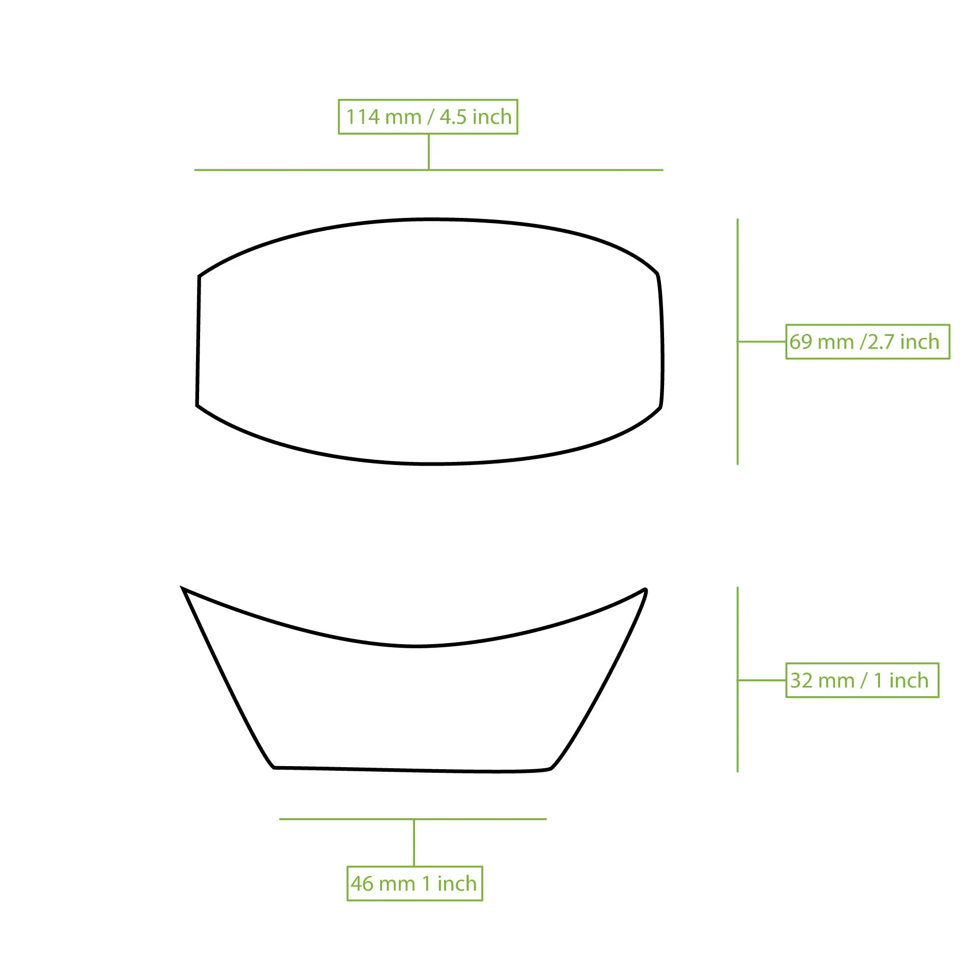 Dessin schématique d'un objet en forme de bateau avec des dimensions étiquetées en millimètres et en pouces.