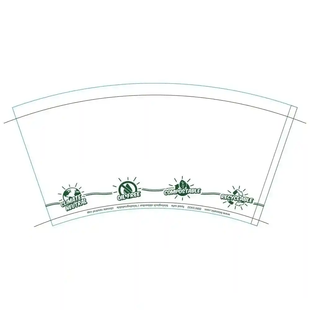 Étiquette avec des icônes indiquant la neutralité climatique, sans huile, compostable et recyclable sur un gobelet en papier blanc.
