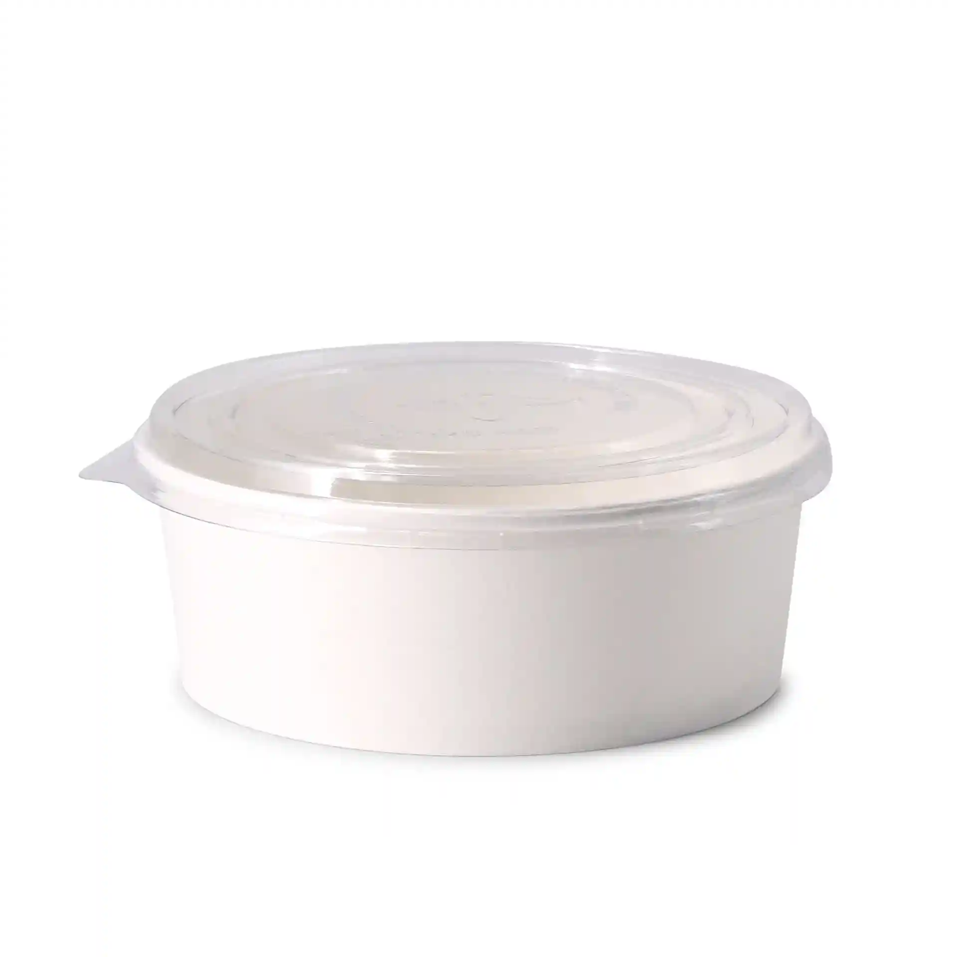 Bol en carton blanc rond avec couvercle transparent, capacité de 1000 ml, diamètre 185 mm, hauteur 67 mm.
