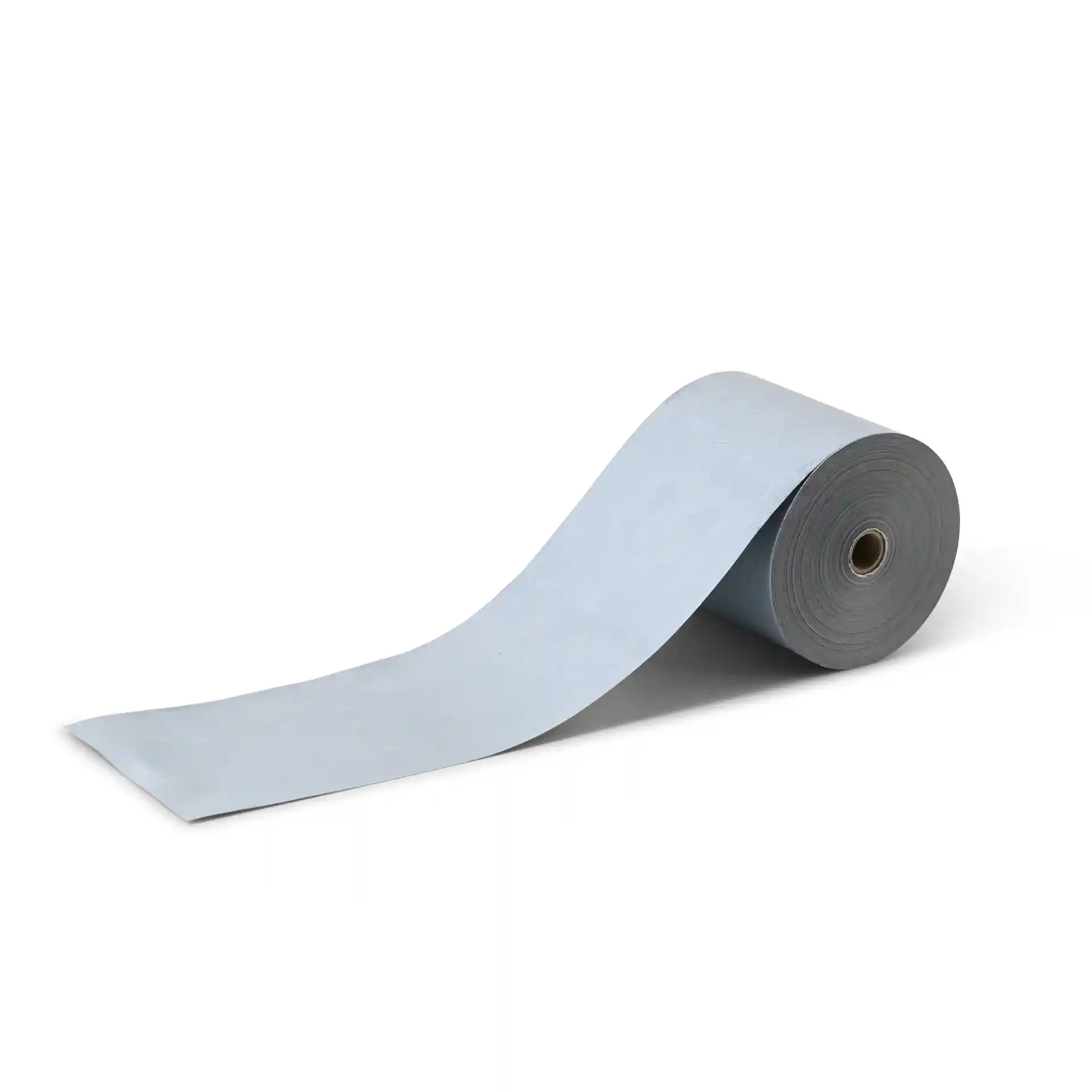 Rouleau de papier thermique gris, 80 mm de large et 80 m de long, avec un diamètre de 77 mm, sur fond blanc.