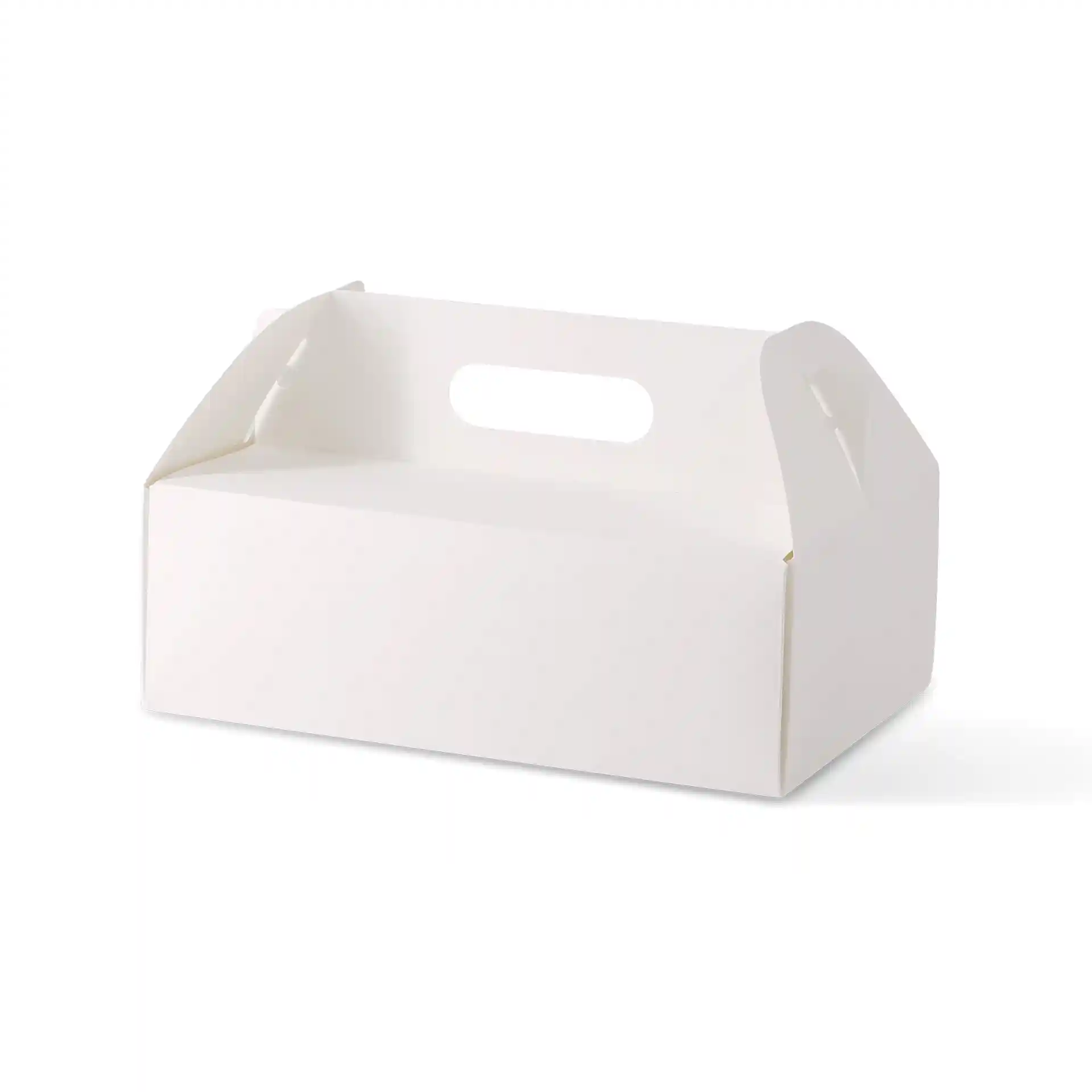 Boîte à pâtisserie en carton rectangulaire blanche avec poignée, mesurant 26 x 17 x 9 cm.