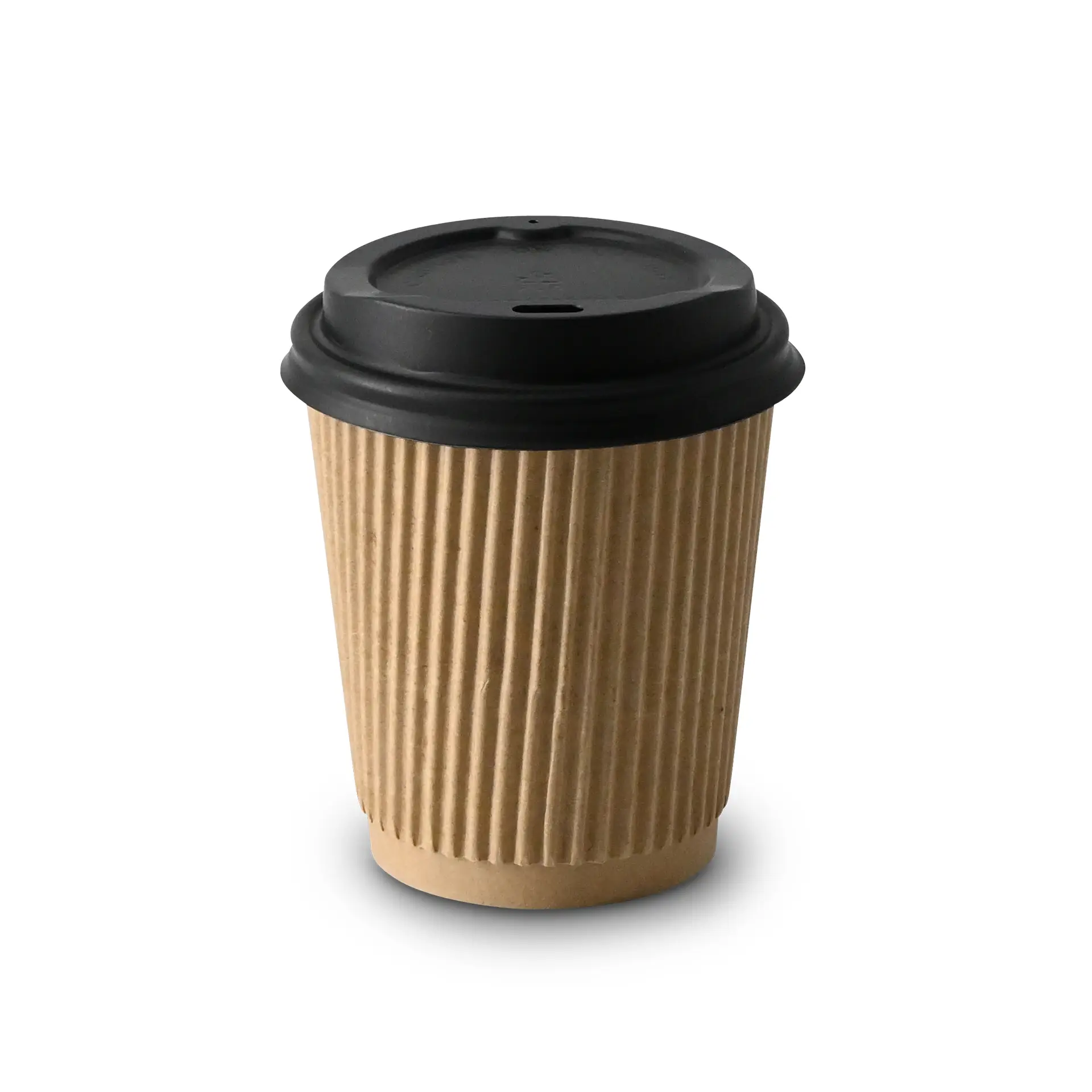 Tasse à café ribbed de 8 oz avec couvercle noir, en papier kraft triple épaisseur, conçue pour les boissons chaudes.