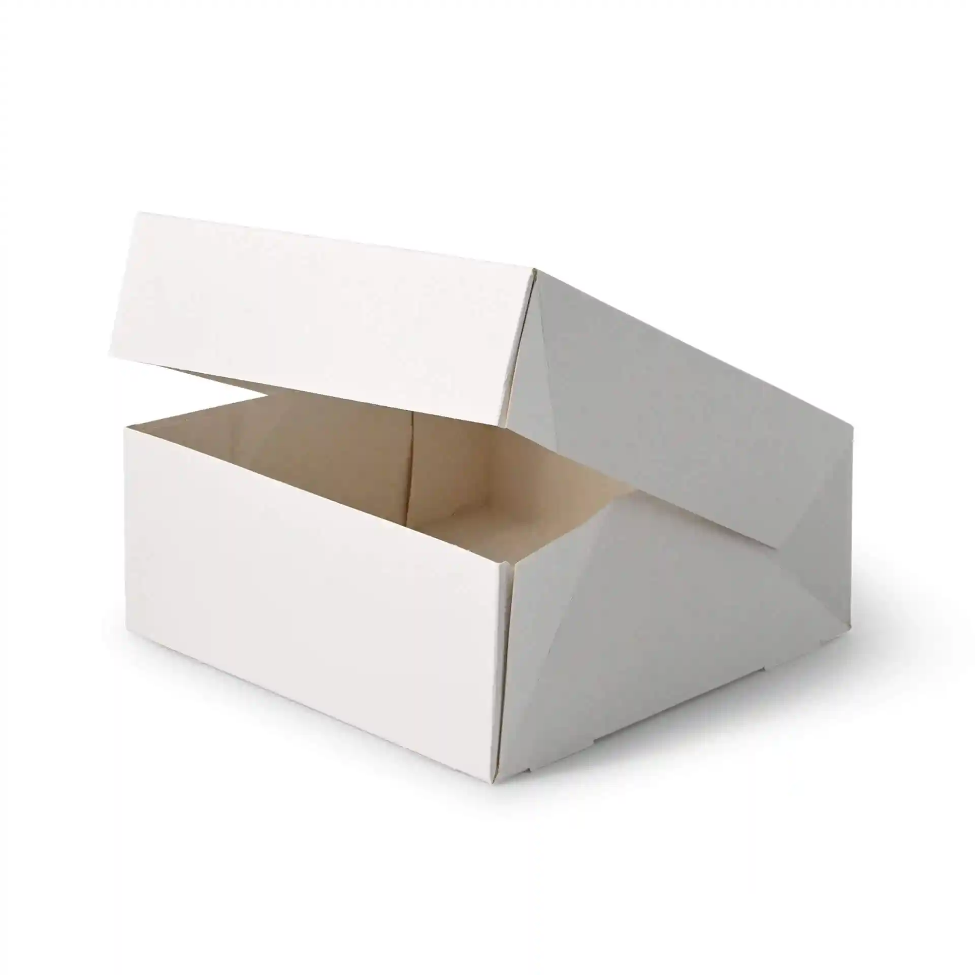 Boîte en carton blanche carrée avec un couvercle ouvert, dotée d'une fenêtre de cellulose.