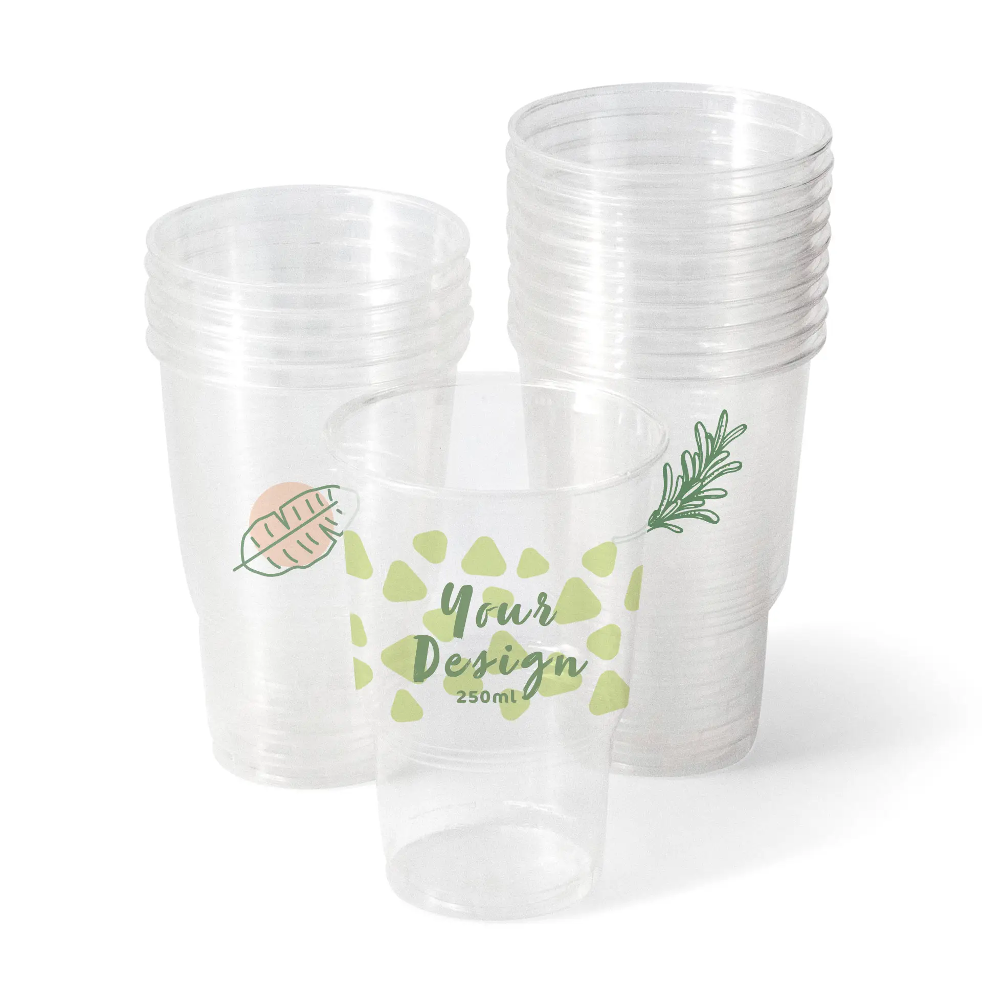 Gobelets rPET transparents de 10 oz avec design personnalisé ; plusieurs gobelets transparents empilés derrière le gobelet avant avec graphiques verts.