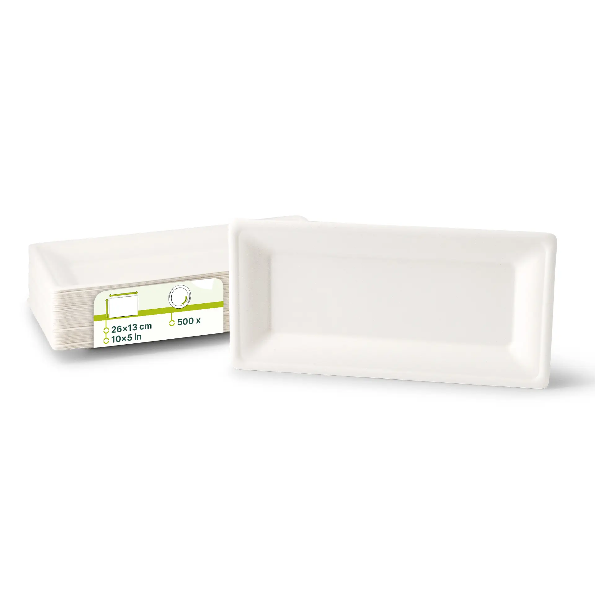 Assiettes jetables rectangulaires en canne à sucre, 26 x 13 cm, avec étiquettes visibles d'empilage et d'emballage.