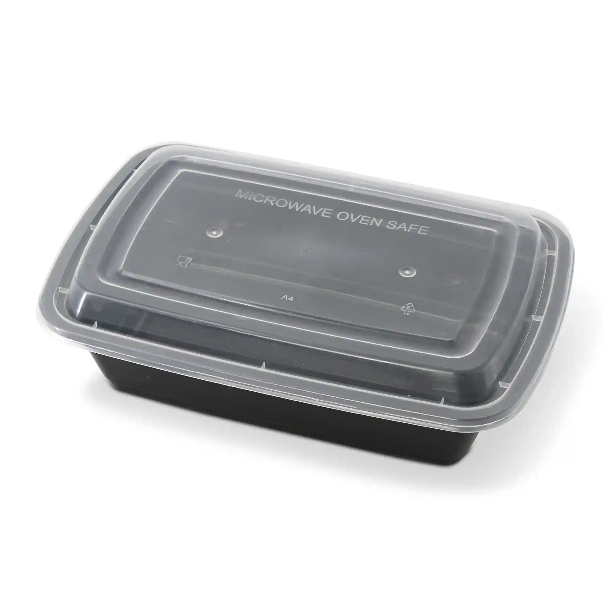 Conteneur rectangulaire noir avec un couvercle transparent, étiqueté "SÉCURISÉ POUR MICRO-ONDE", mesurant 222 mm par 150 mm.