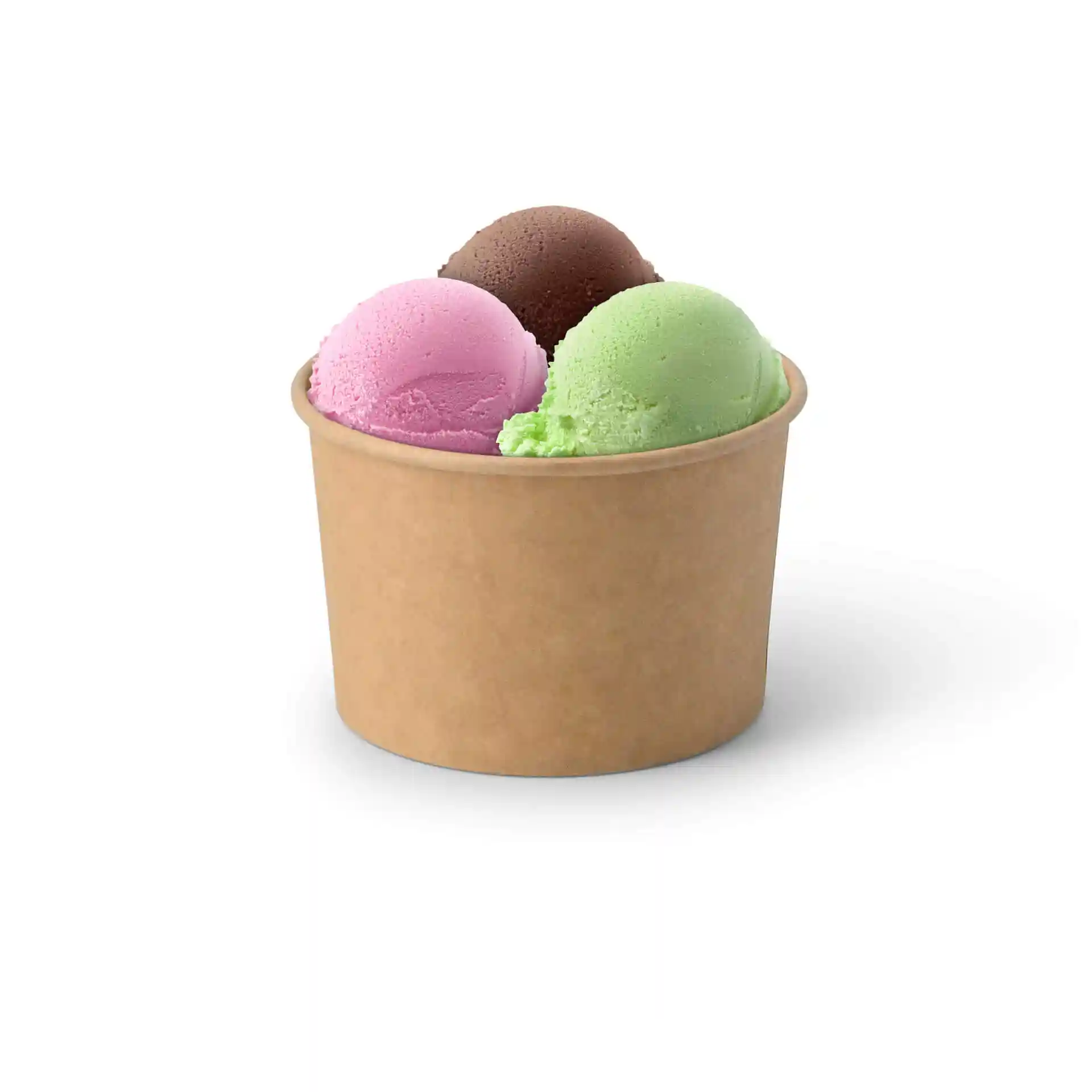 Gobelet en papier brun rempli de trois boules de glace : rose, verte et brune.