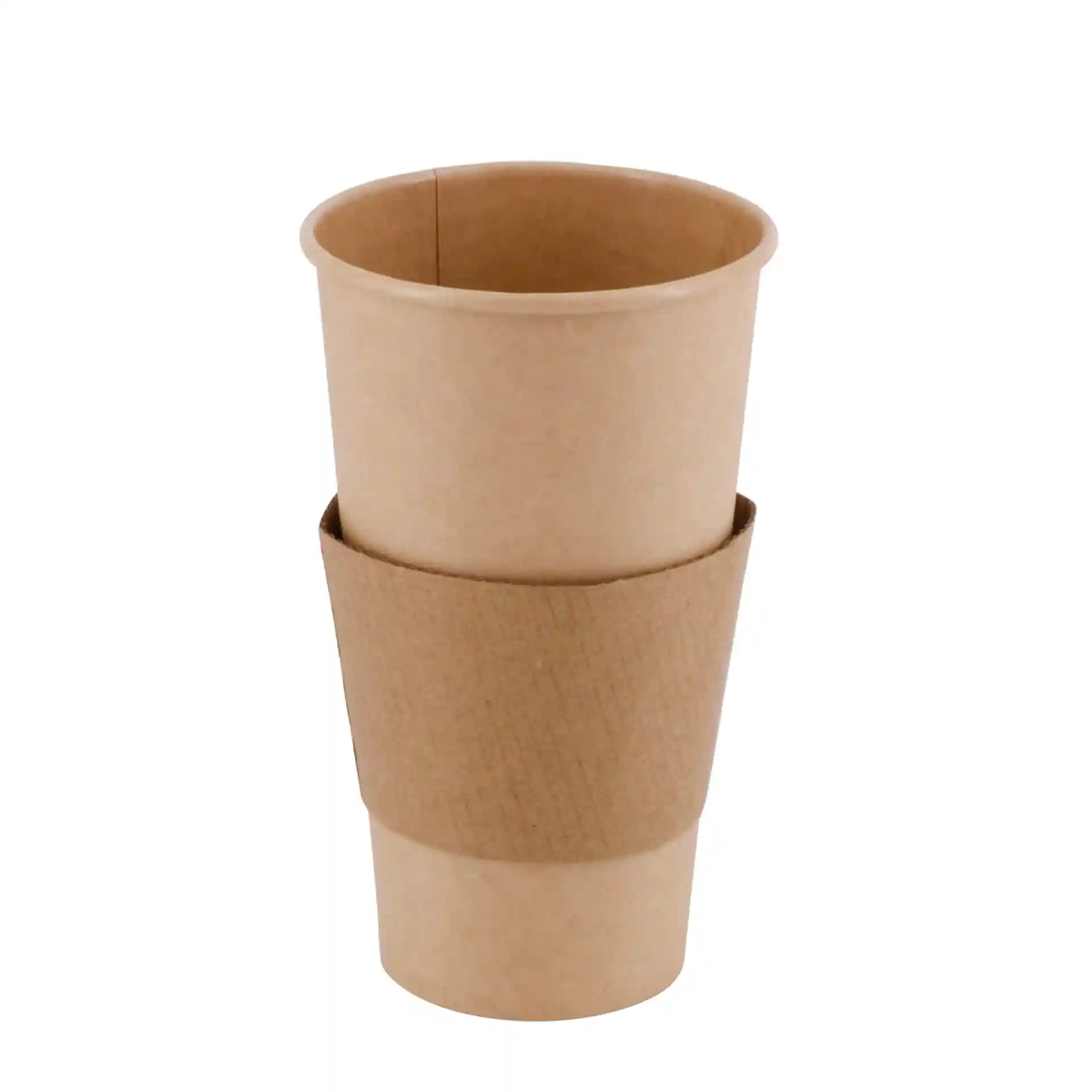 Gobelet en papier brun avec manchon en carton, forme ronde, capacité de 20 oz et hauteur de 150 mm.