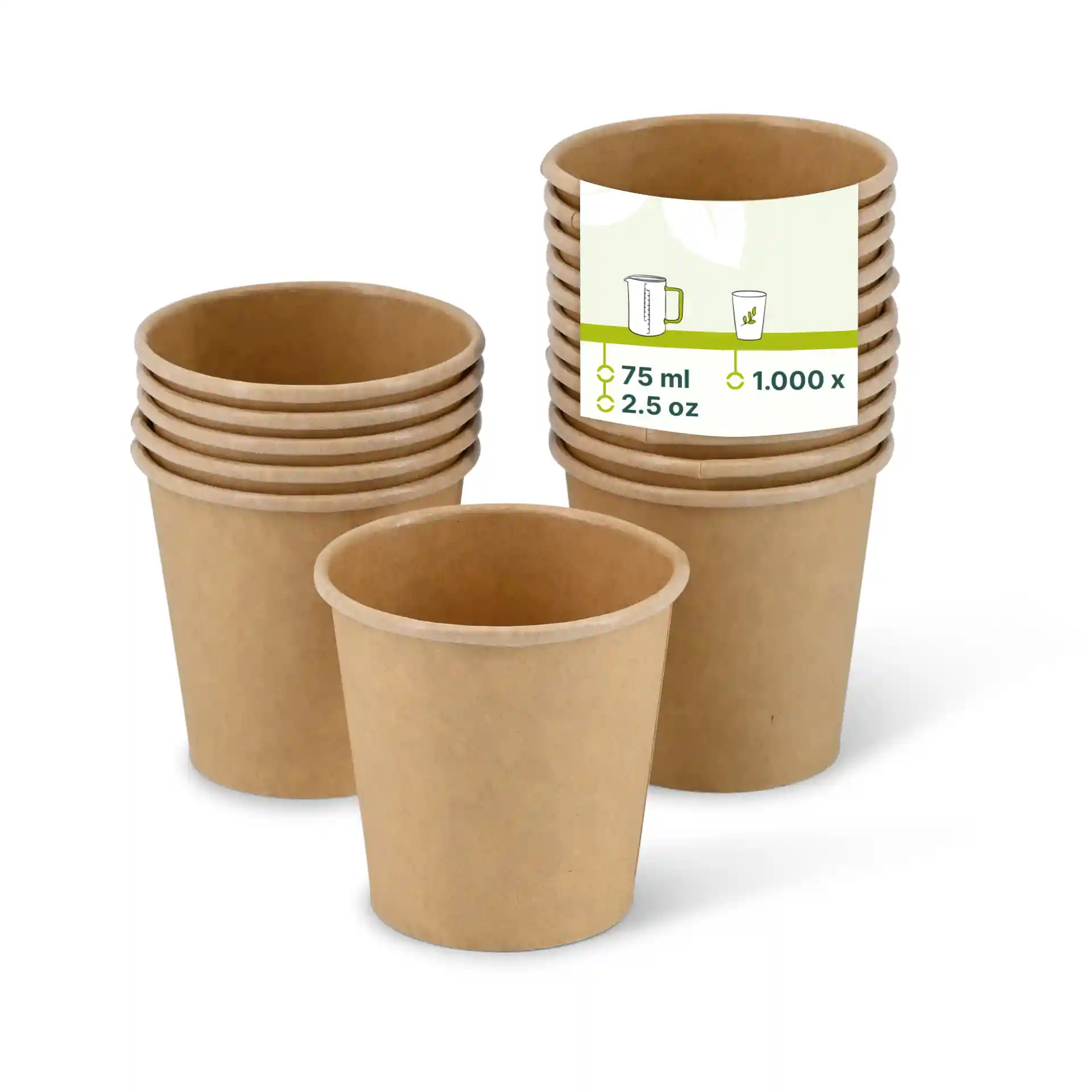 Contenants en carton ronds bruns empilés, avec un devant montrant une étiquette avec le volume et les dimensions.
