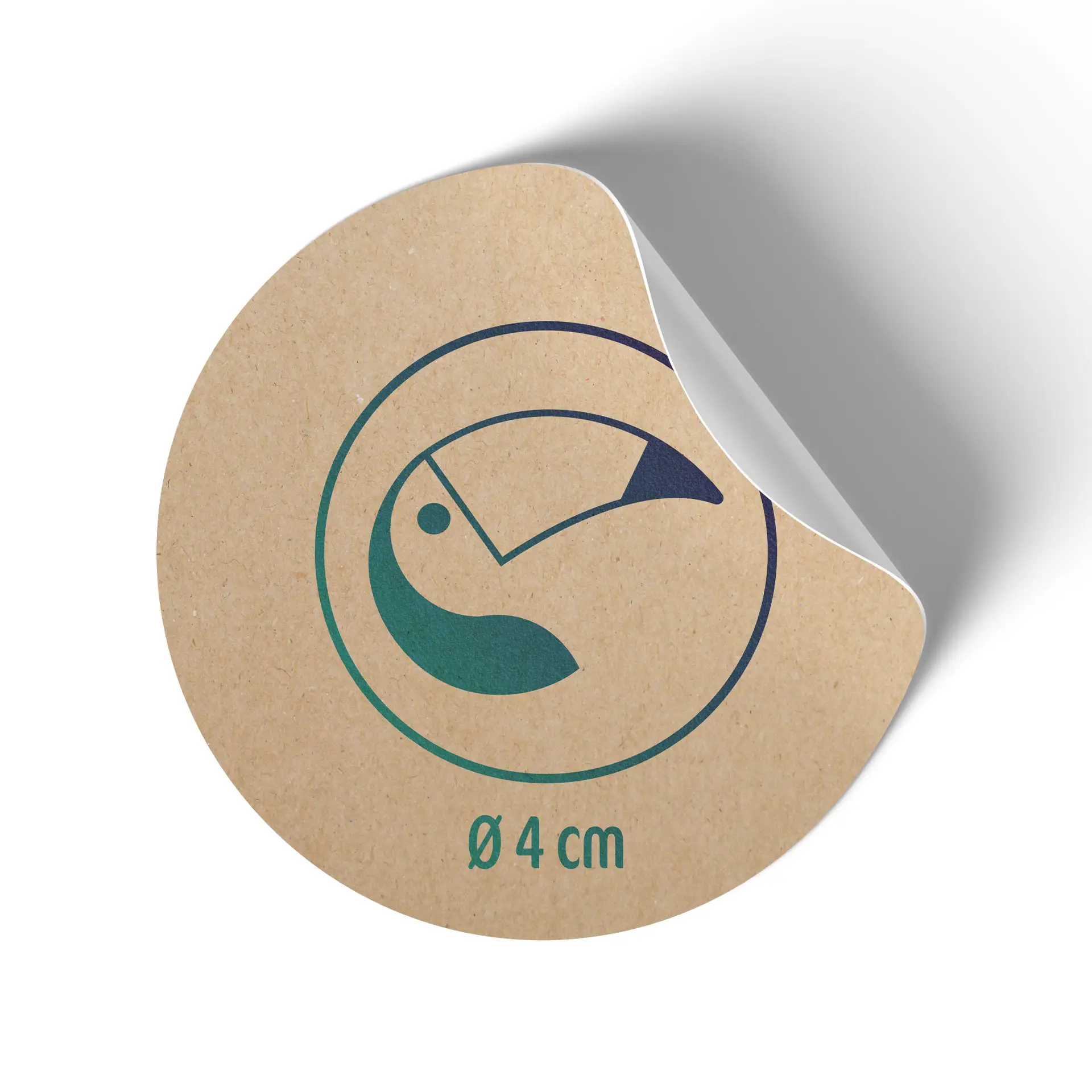 Une étiquette circulaire marron avec un design de toucan stylisé et la mesure "Ø 4 cm" en bas.