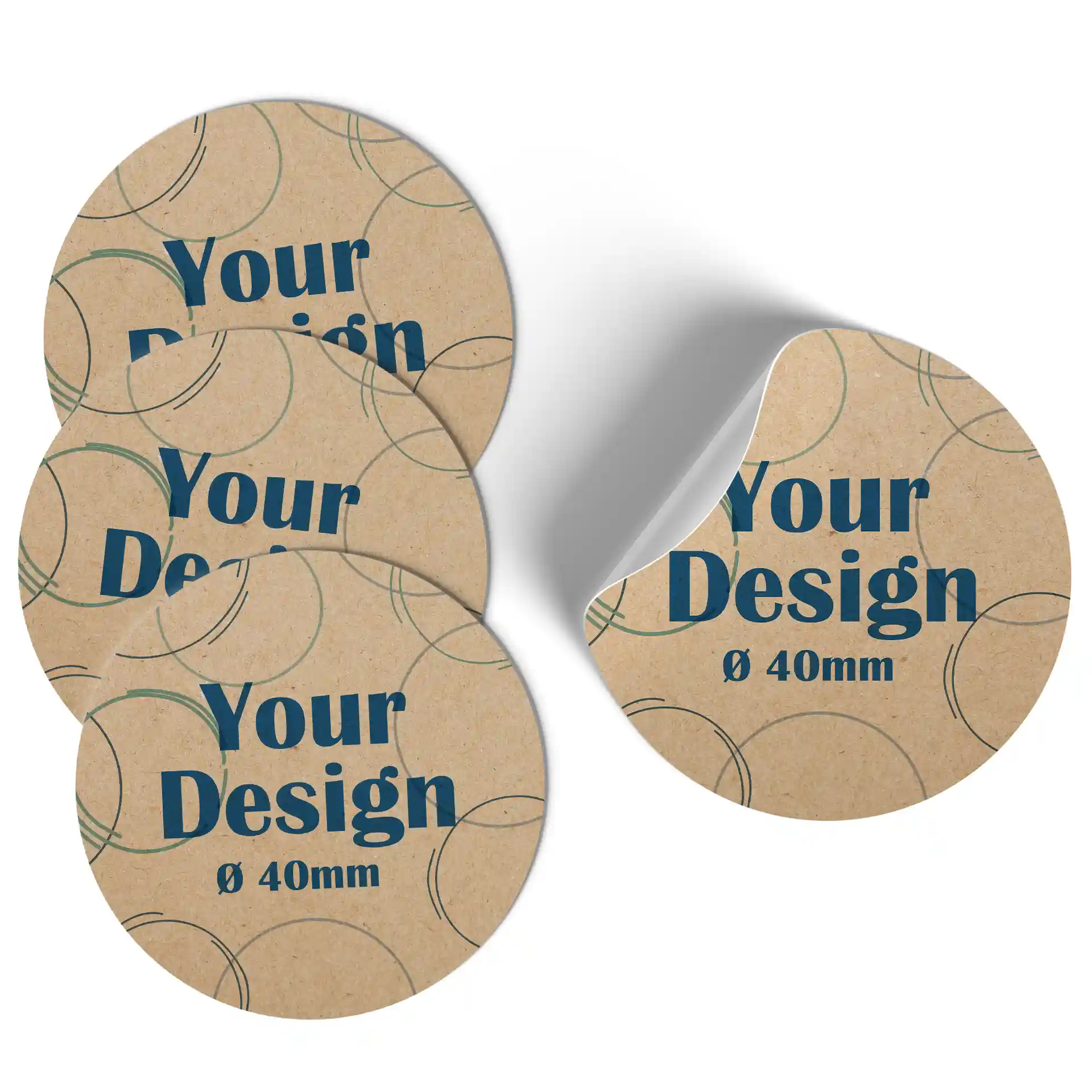 Étiquettes rondes imprimées en papier kraft mat brun, mesurant 40 mm de diamètre, avec un motif de design.