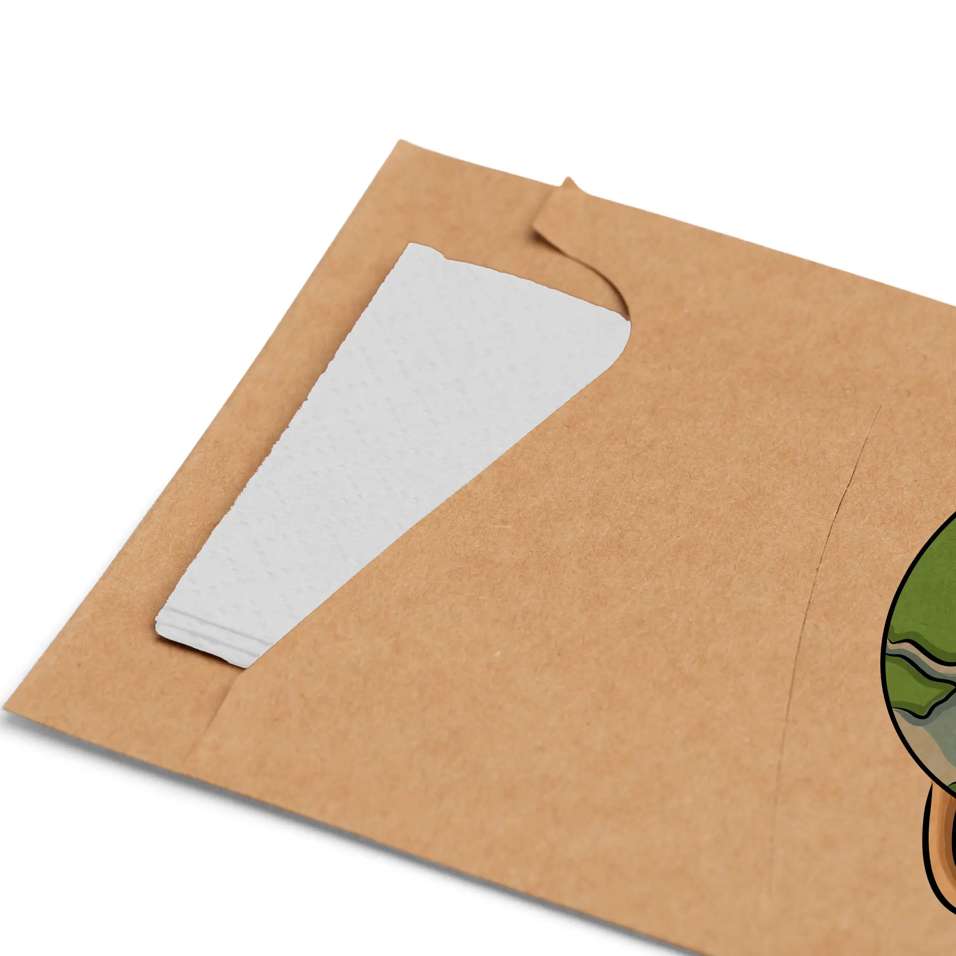 Manchette en kraft marron, avec une serviette blanche partiellement visible à l'intérieur, dotée d'un espace de design personnalisable.