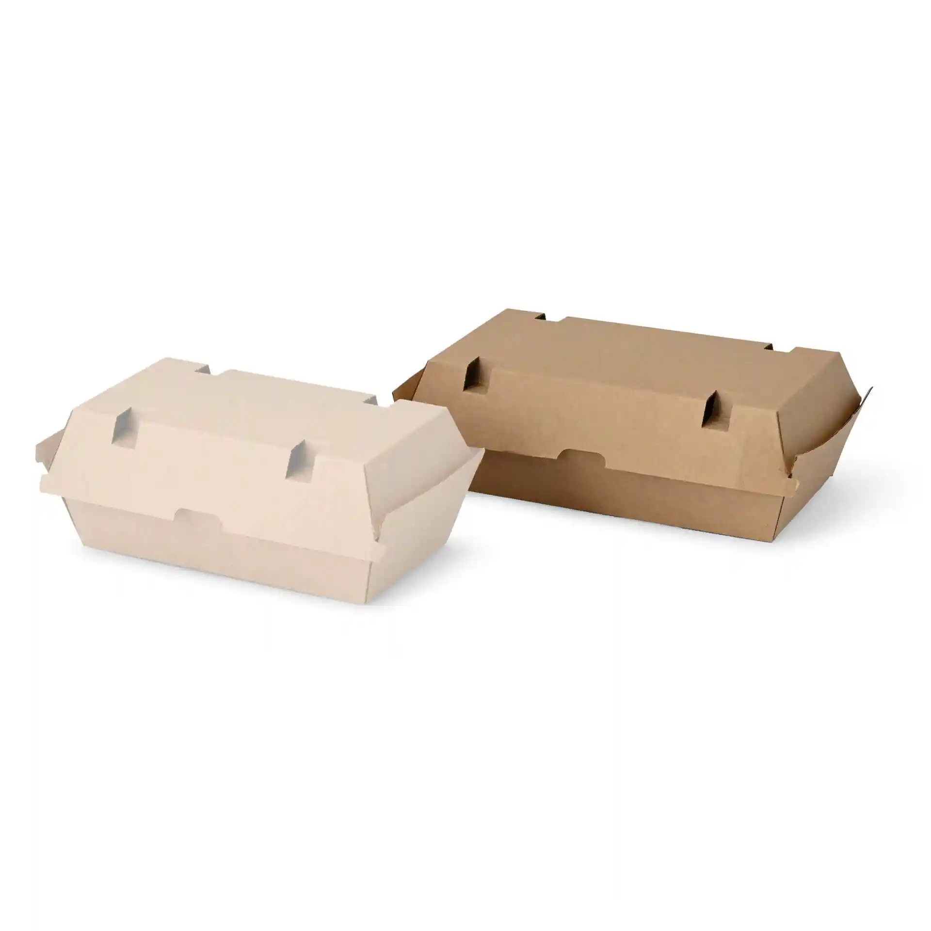 Deux boîtes alimentaires rectangulaires avec des couvercles à charnière, l'une en carton brun et l'autre en carton beige clair.