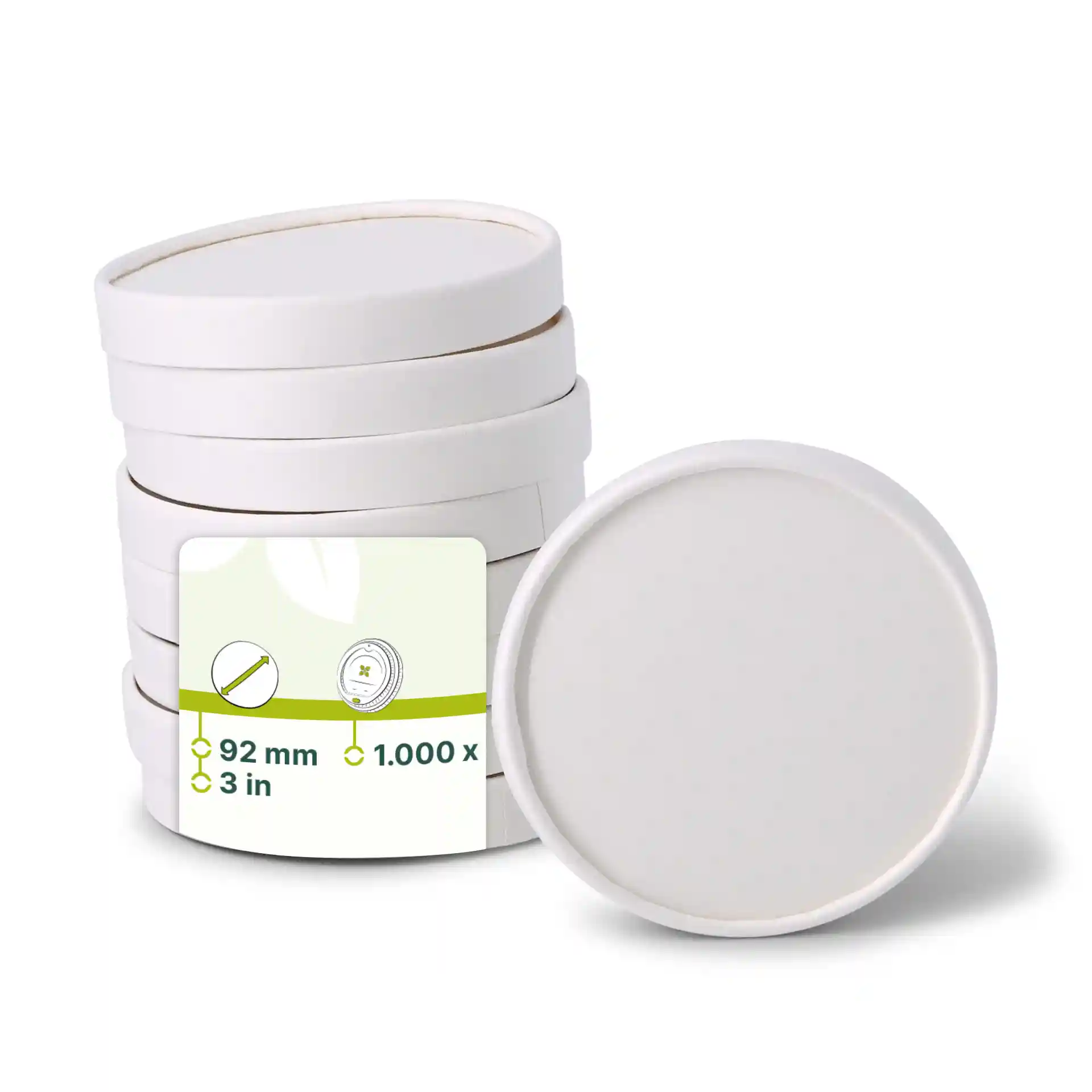Empilement de couvercles en carton blanc, forme ronde, diamètre de 92 mm, avec une étiquette indiquant les détails du produit.