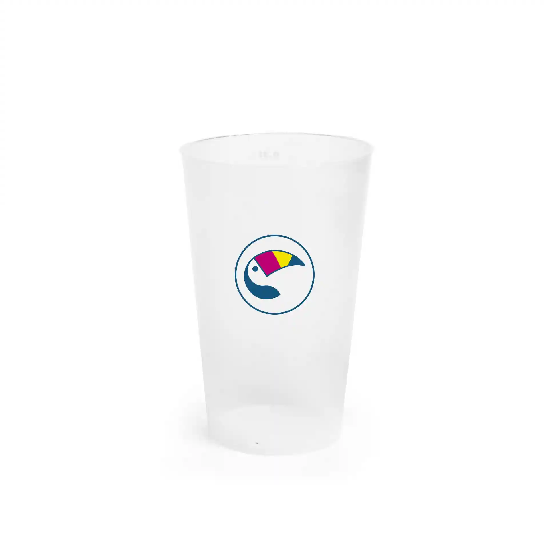 Gobelet réutilisable transparent avec logo imprimé numérique, capacité de 300 ml, forme ronde, hauteur 121 mm, diamètre 77 mm.