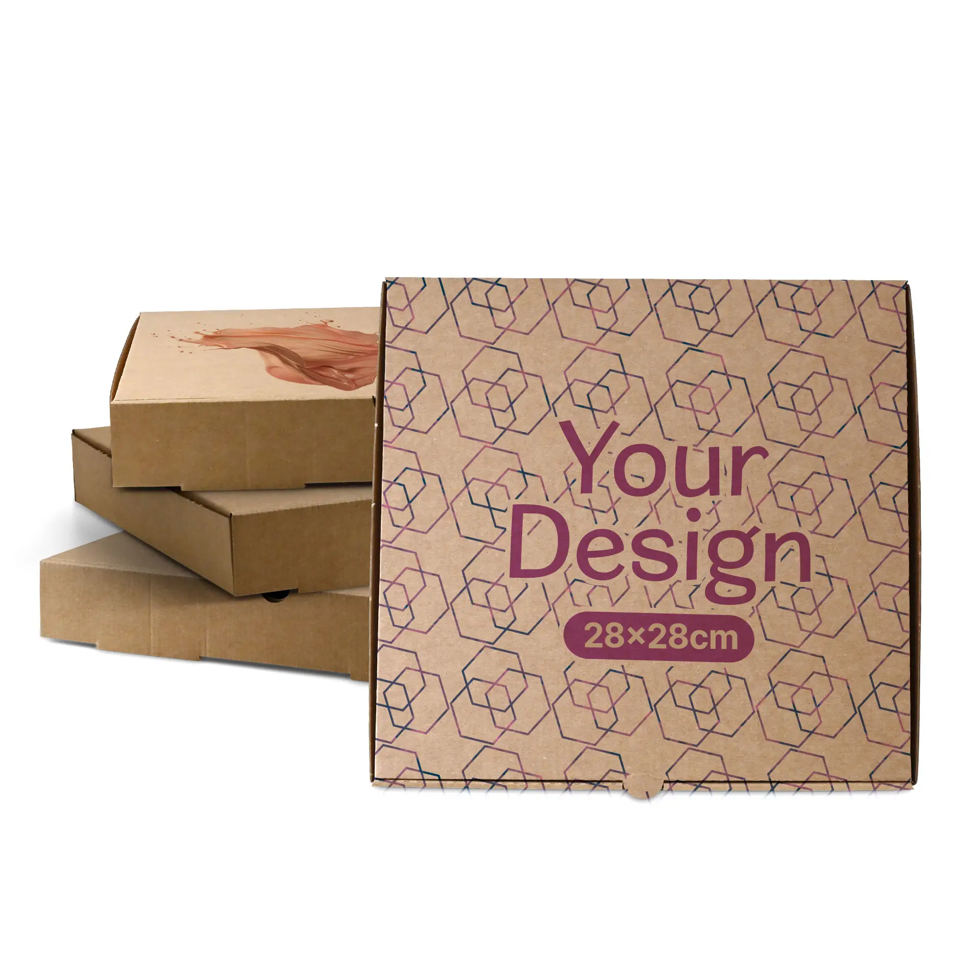 Boîte à pizza marron avec un design géométrique, mesurant 28 x 28 cm, devant plusieurs boîtes similaires.