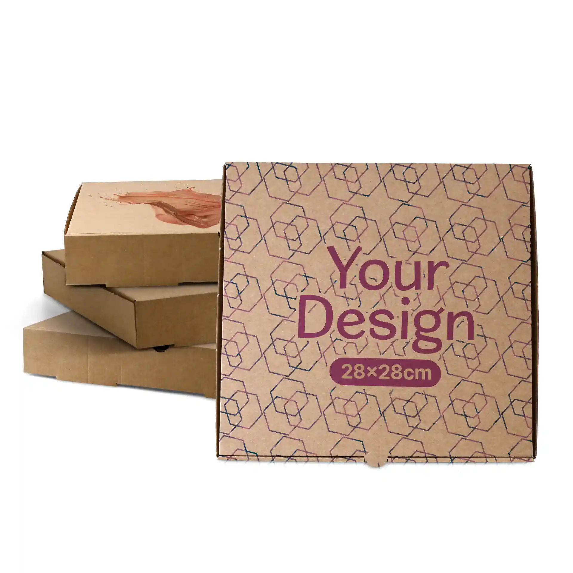 Boîte à pizza marron avec un design géométrique, mesurant 28 x 28 cm, devant plusieurs boîtes similaires.