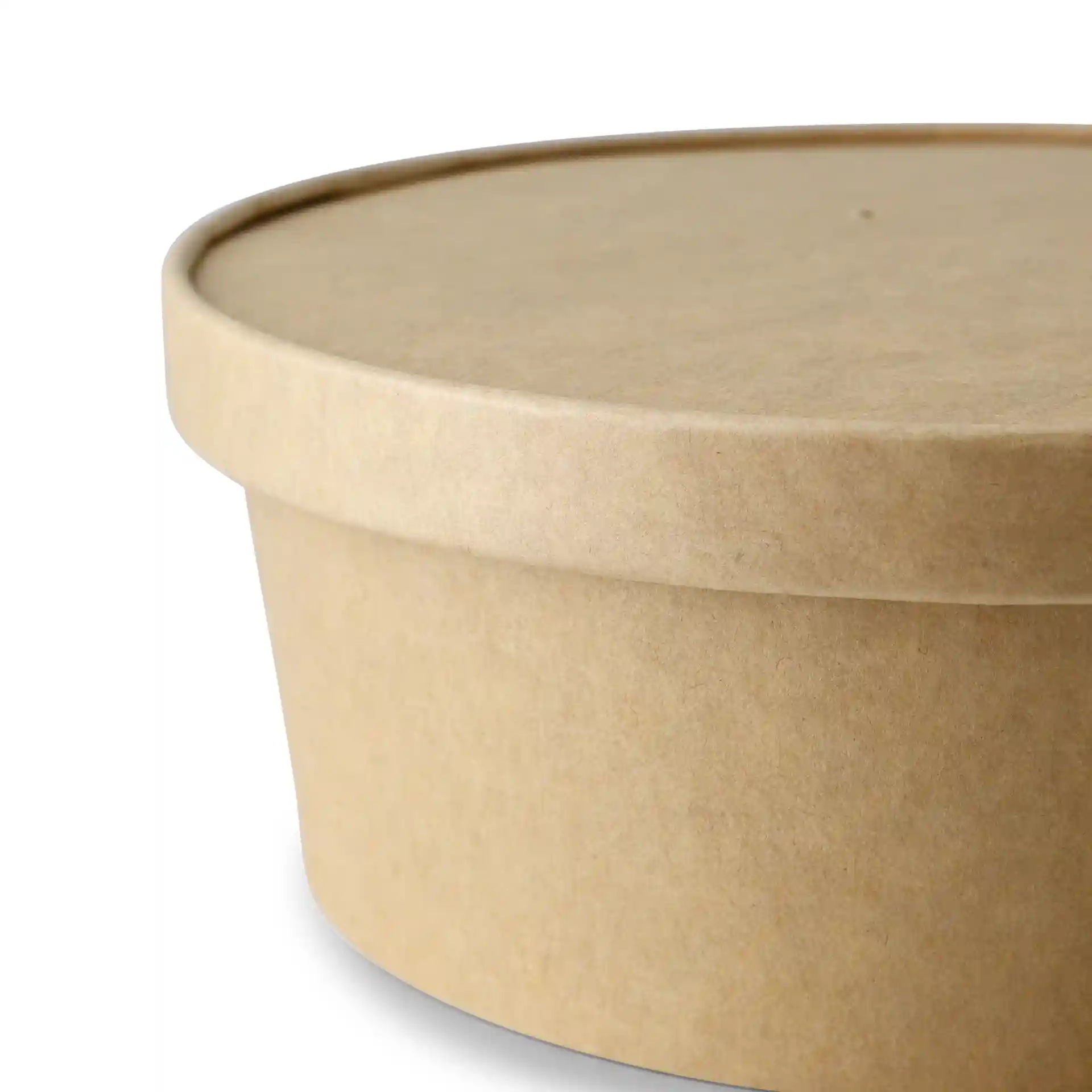Conteneur rond en carton marron avec couvercle, diamètre 185 mm et hauteur 17 mm.
