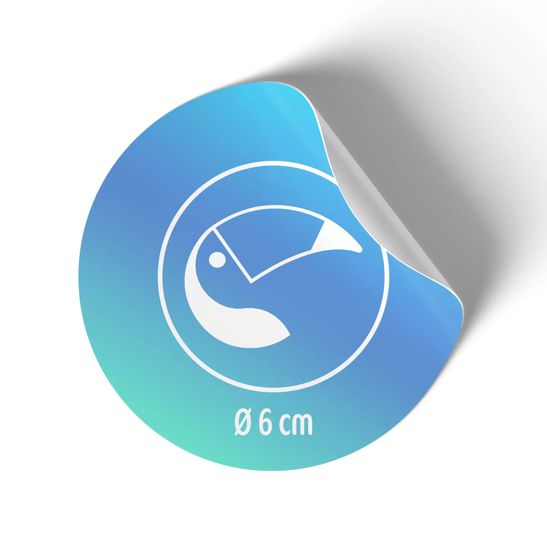 Étiquette adhésive ronde avec finition blanche brillante, diamètre de 6 cm, avec un design sur fond dégradé bleu.