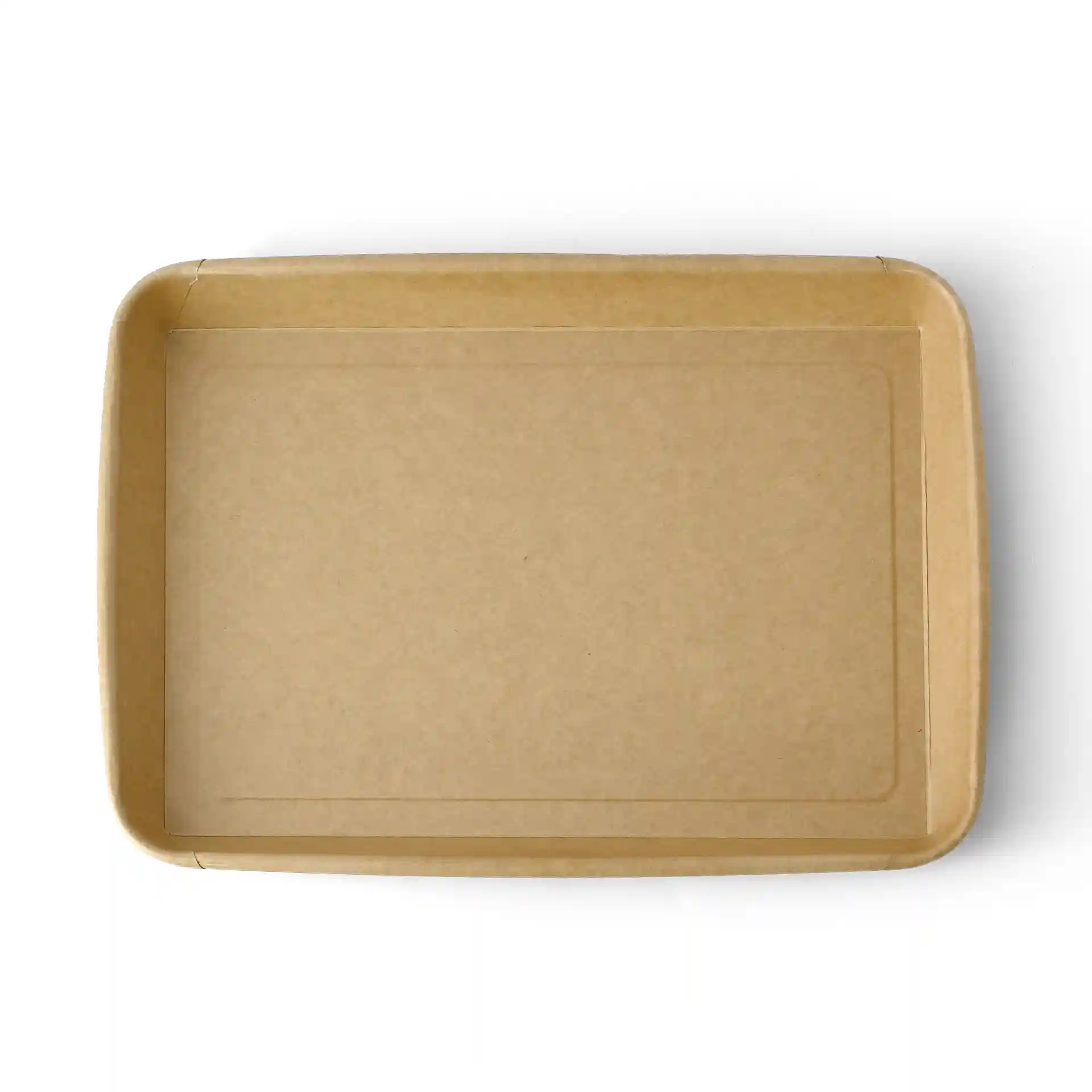 Boîte à sushi en PE brun, forme rectangulaire, mesurant 25,5 x 18 x 3 cm, avec un fond plat et des bords surélevés.