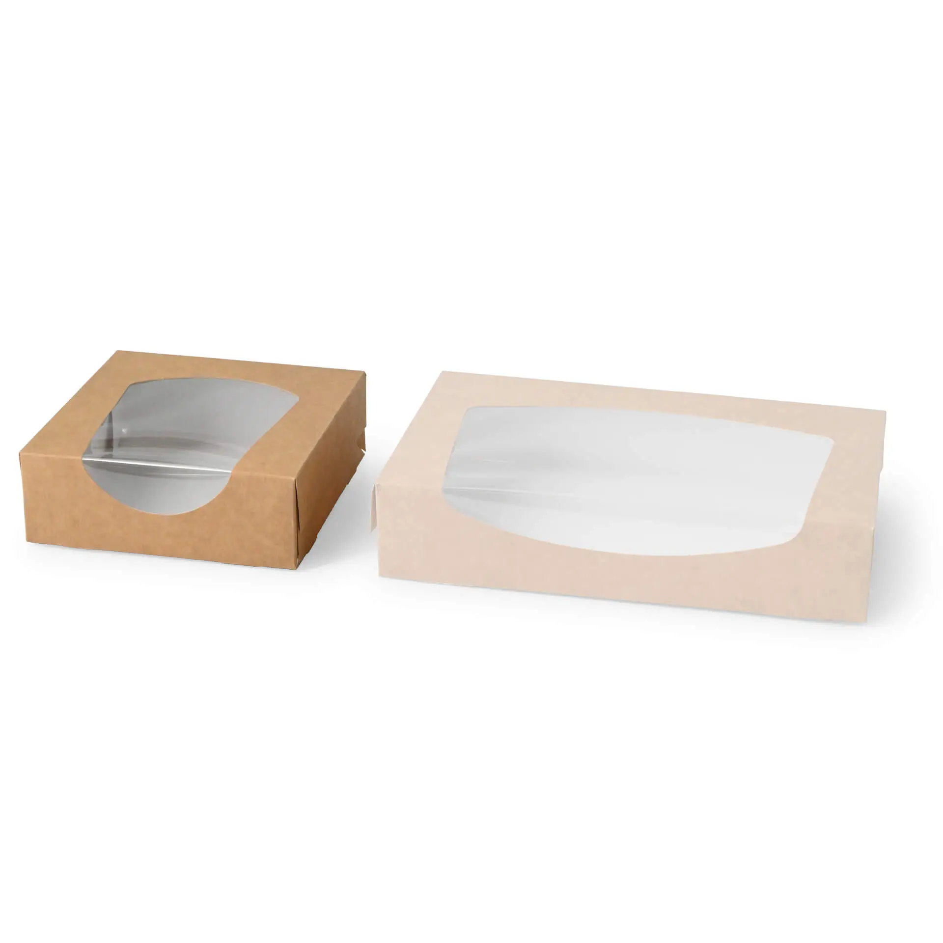 Deux boîtes en carton avec fenêtres, une brune et une blanche, avec des fenêtres en cellulose transparente, affichées côte à côte.