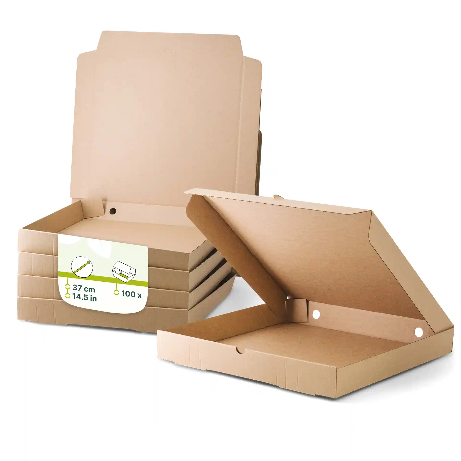 Boîtes à pizza en carton brun, forme carrée, avec une boîte ouverte montrant l'intérieur, empilées derrière.